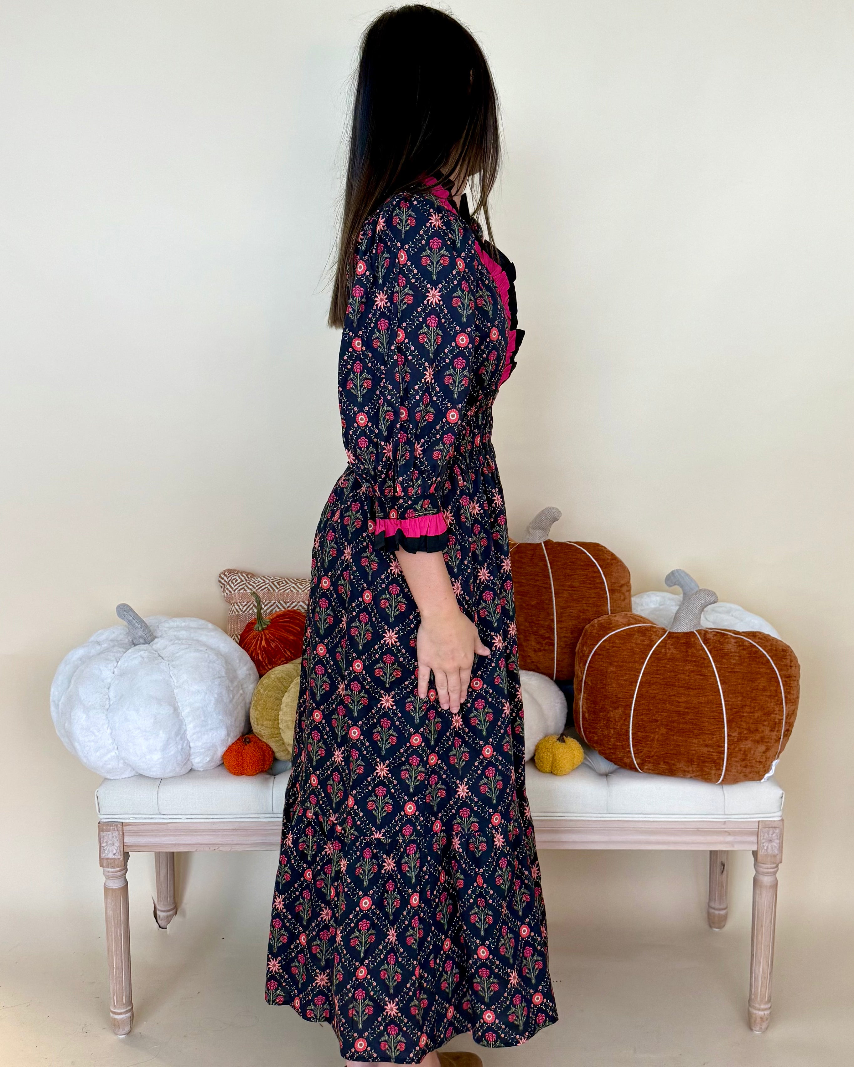 Darling Detail Black Floral Ruffle Midi Dress-Shop-Womens-Boutique-Clothing