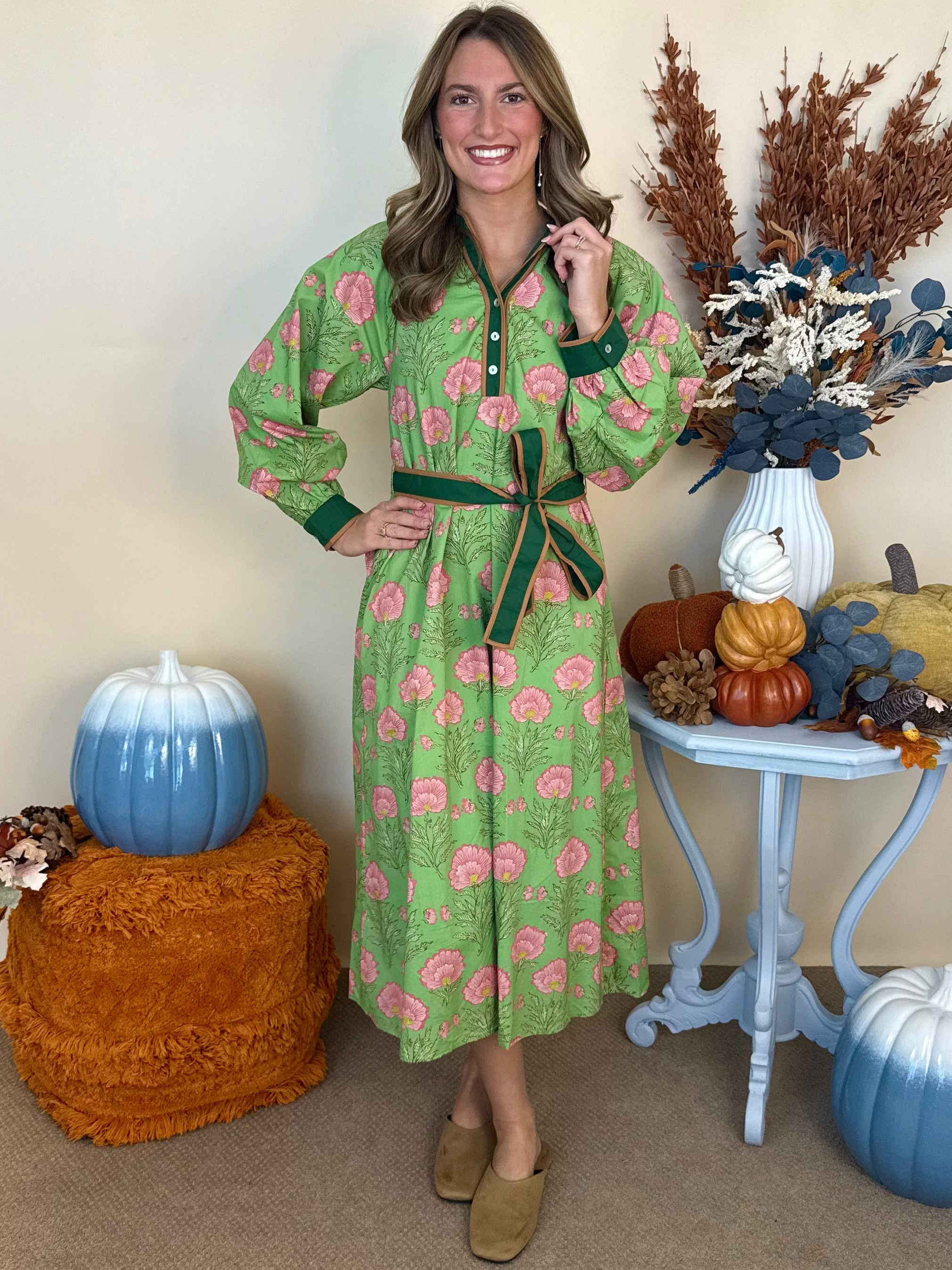 Uptown Charm Apple Green Floral Button Up Midi Dress-Shop-Womens-Boutique-Clothing