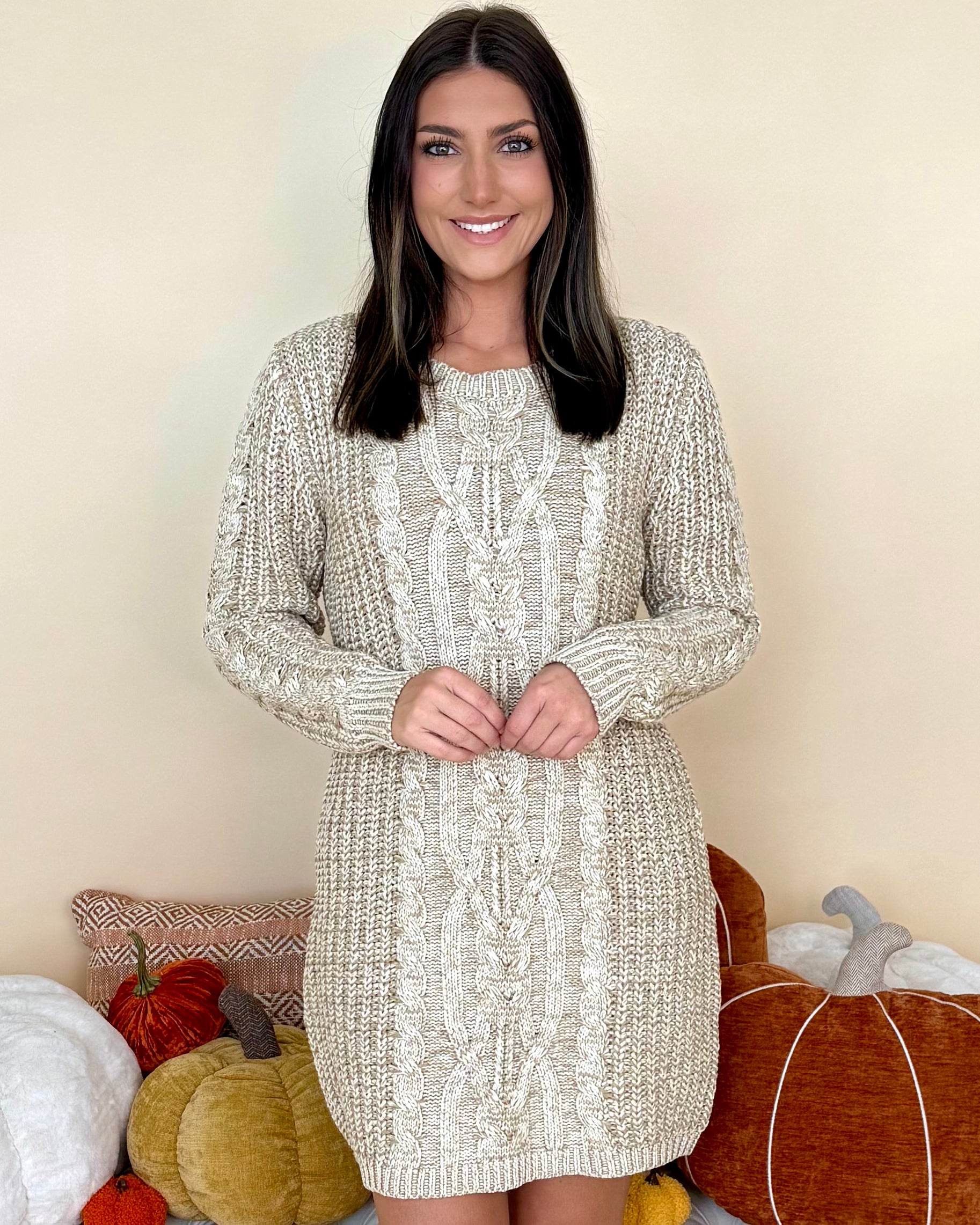 Marvelous Time Oatmeal Cable Knit Dress-Shop-Womens-Boutique-Clothing