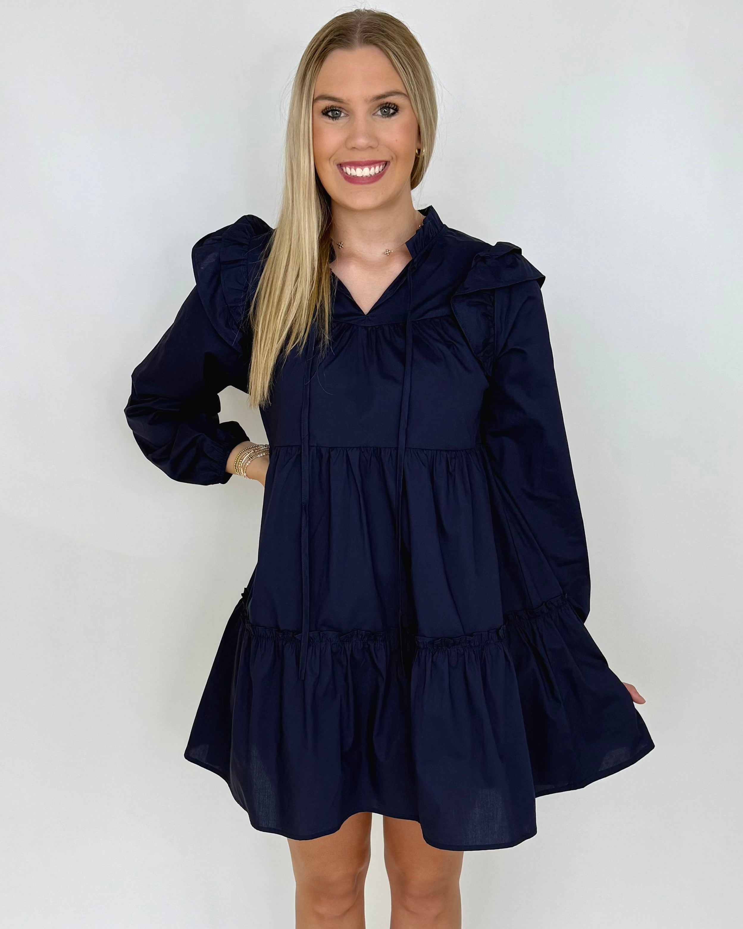 Making Promises Navy Ruffle Dress-Shop-Womens-Boutique-Clothing