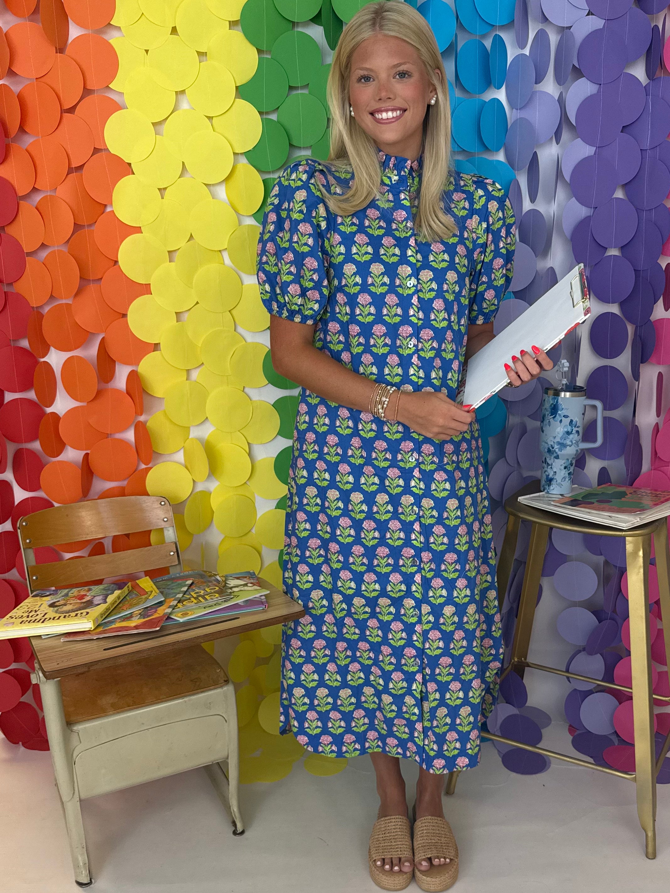 Feeling Free Blue Botanical Ruffle Neck Midi Dress-Shop-Womens-Boutique-Clothing