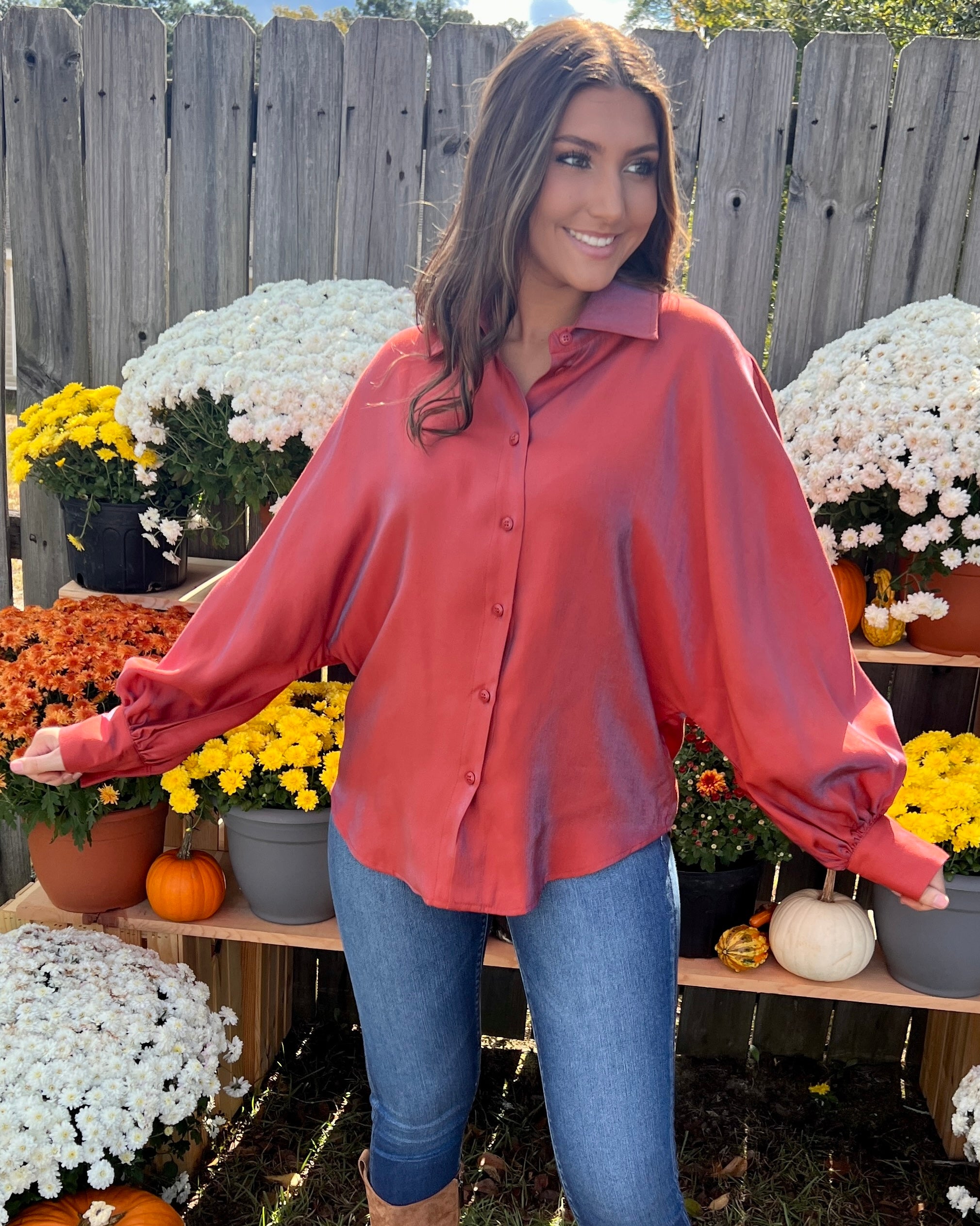 Call You Mine Rust Shiny Collared Button Down Top-Shop-Womens-Boutique-Clothing