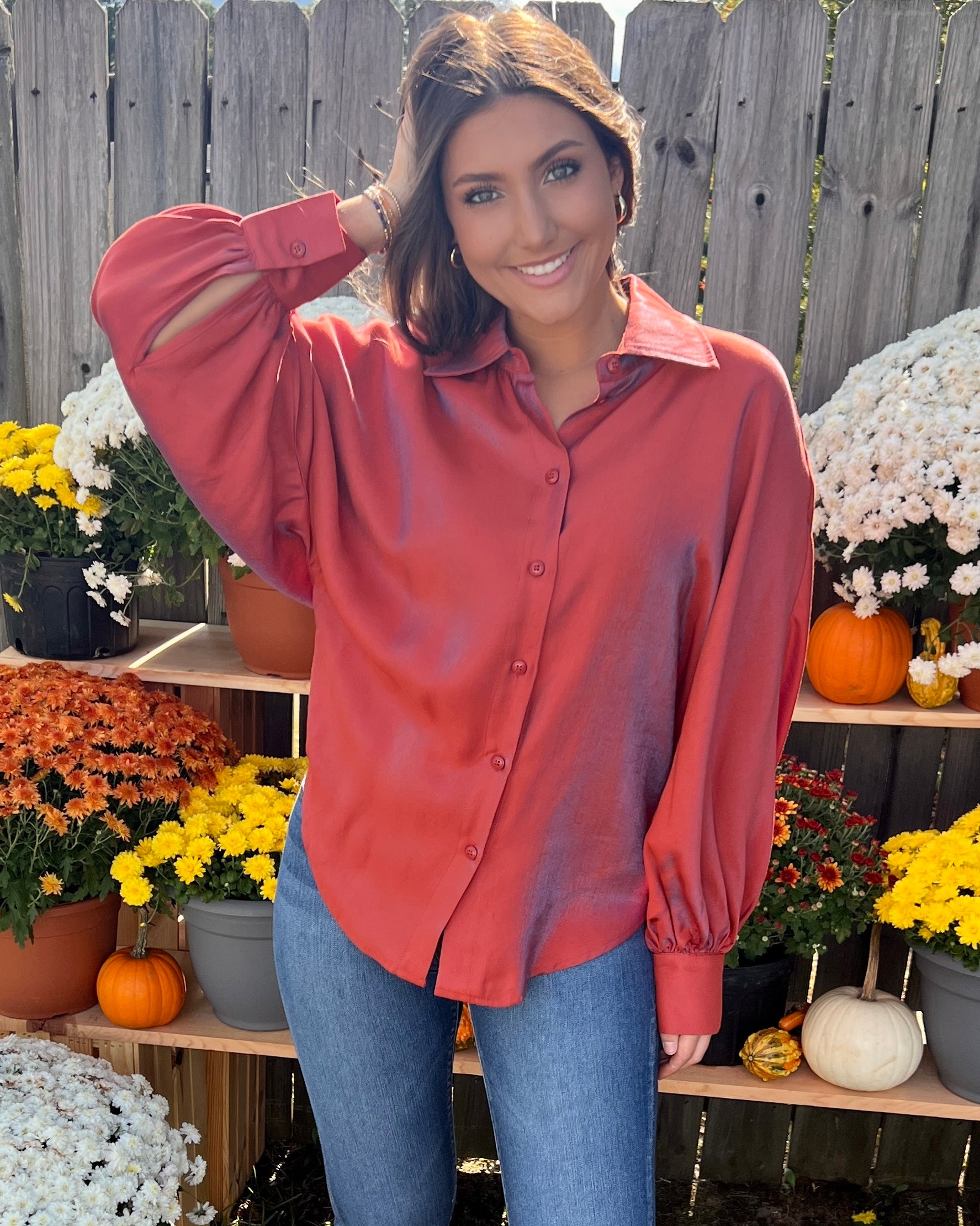 Call You Mine Rust Shiny Collared Button Down Top-Shop-Womens-Boutique-Clothing