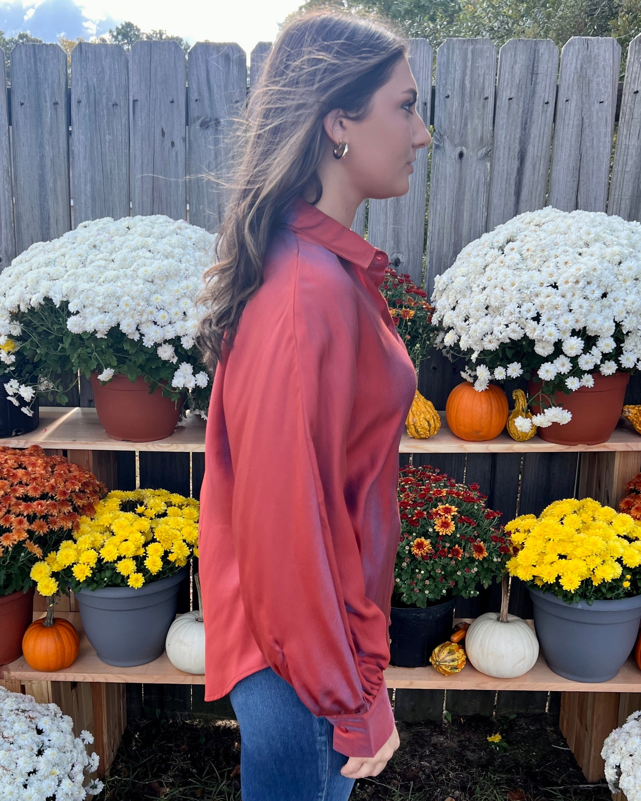 Call You Mine Rust Shiny Collared Button Down Top-Shop-Womens-Boutique-Clothing
