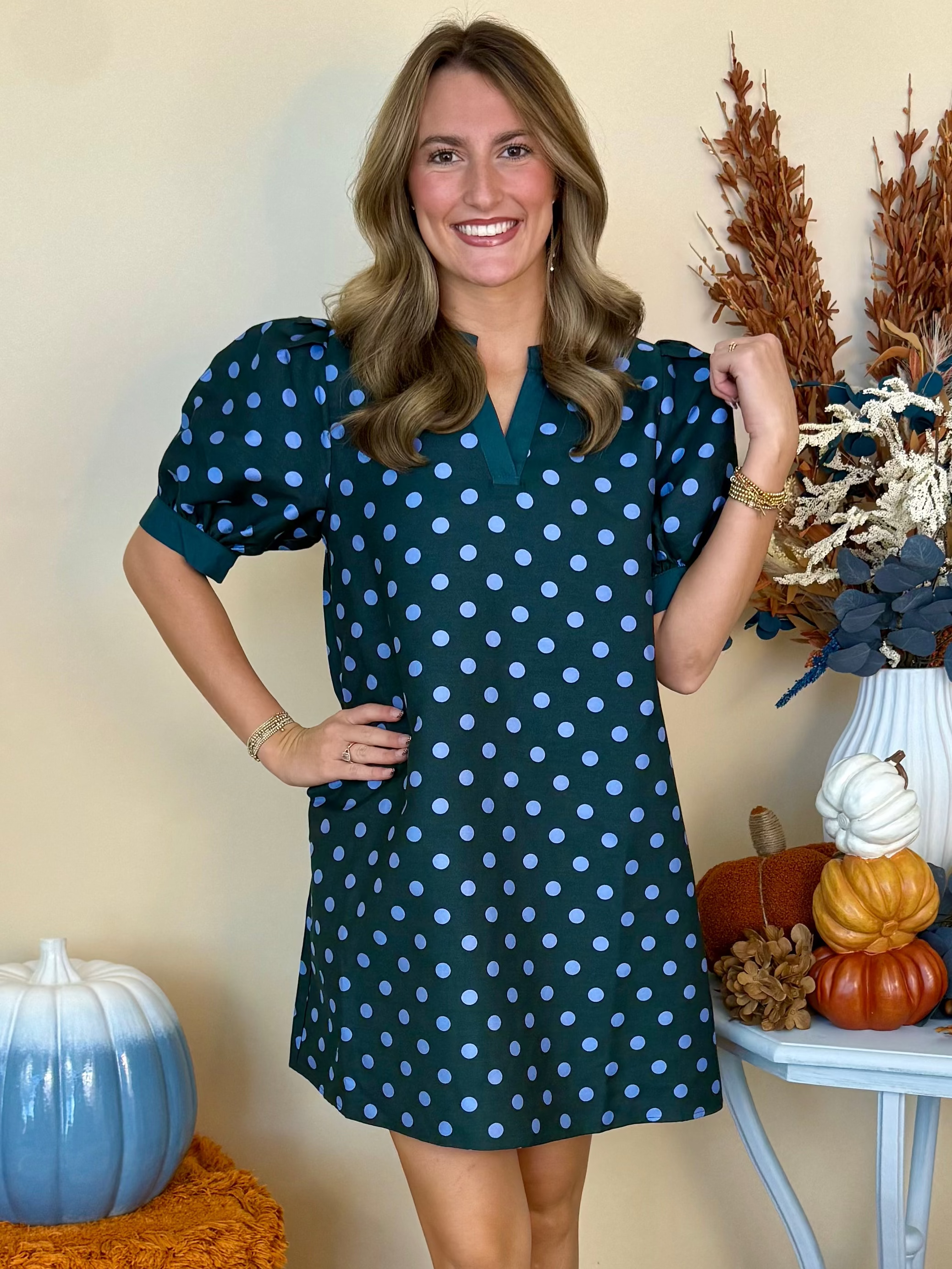 Timeless Charm Hunter Green Polka Dot V-Neck Dress-Shop-Womens-Boutique-Clothing