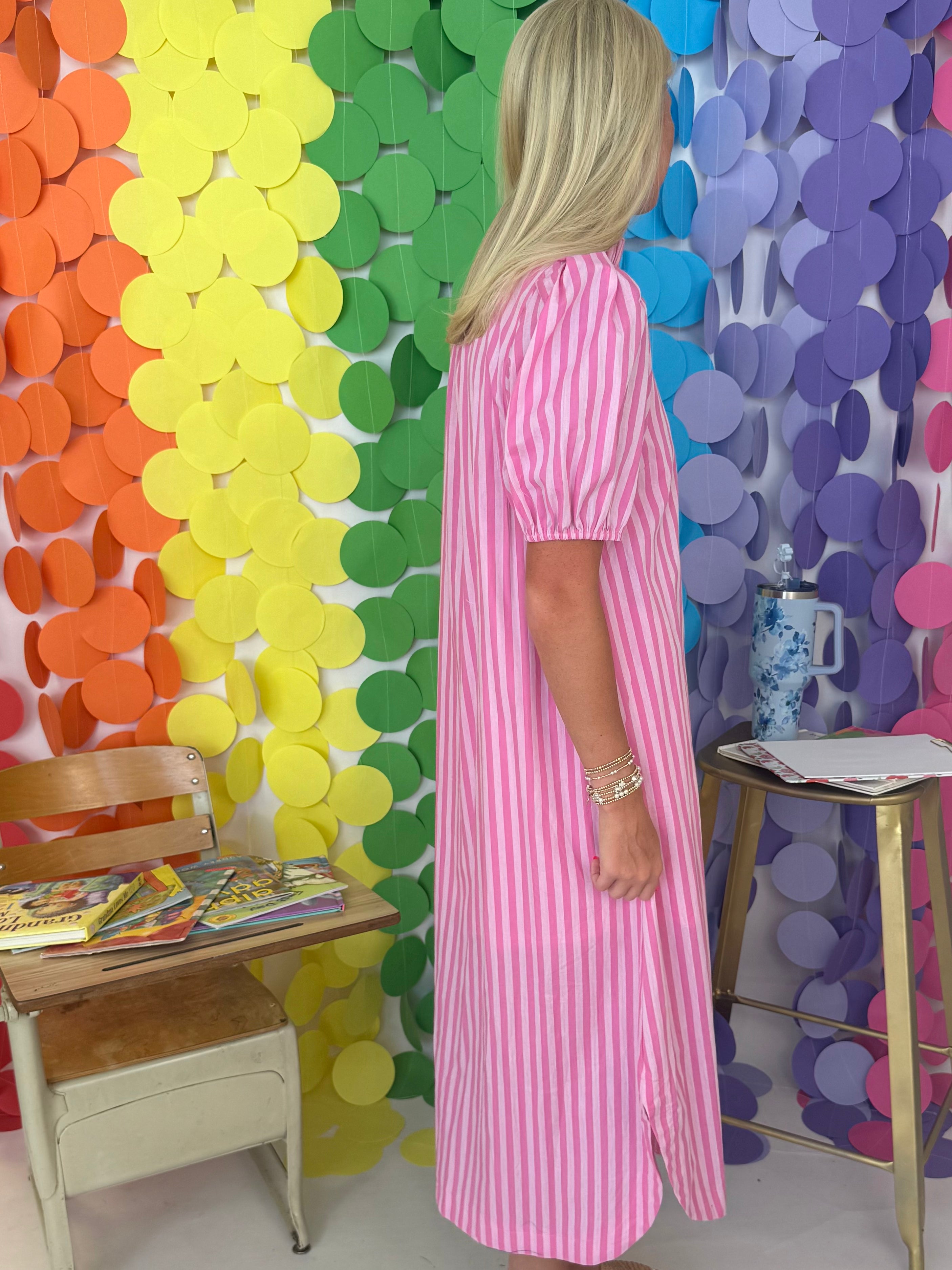 Along For It Lt Pink Stripe Ruffle Midi Dress-Shop-Womens-Boutique-Clothing