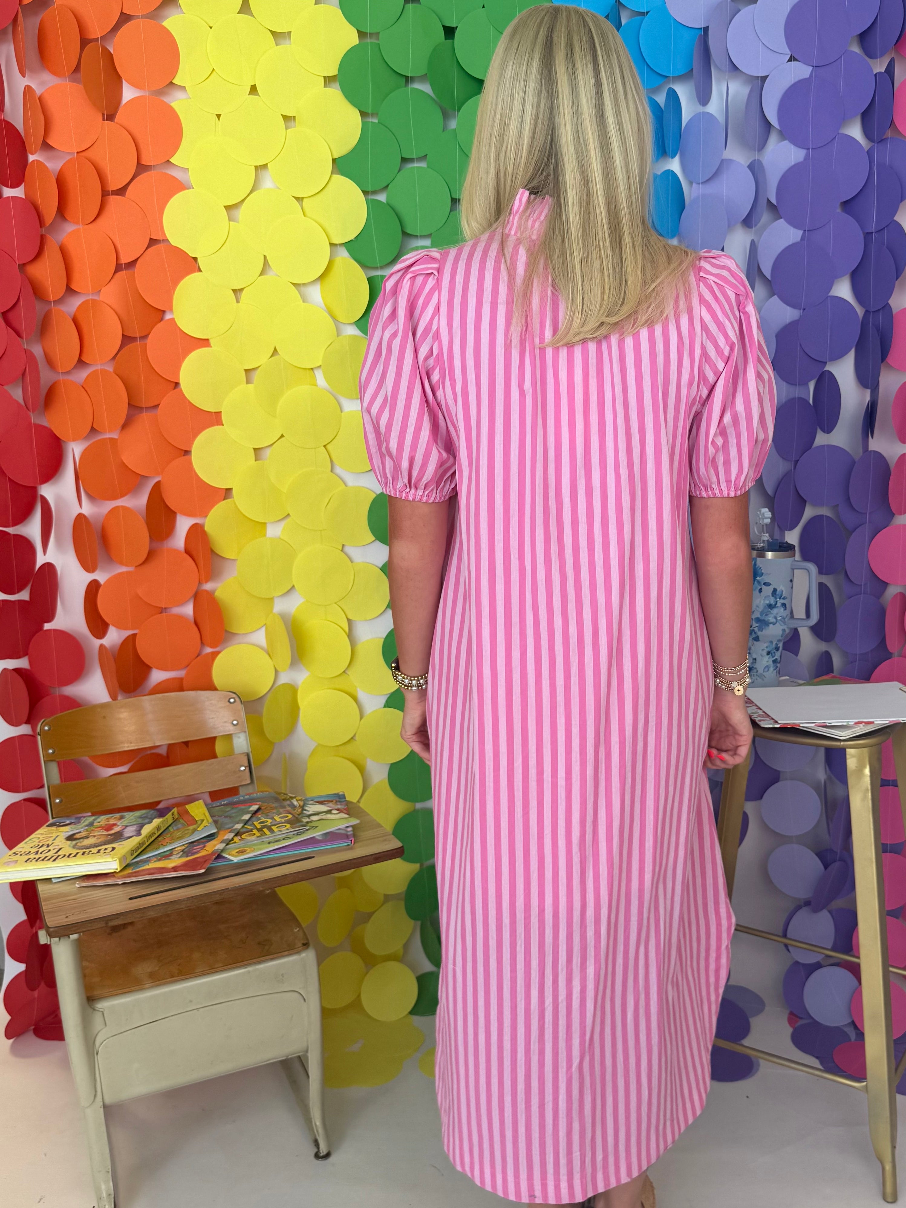 Along For It Lt Pink Stripe Ruffle Midi Dress-Shop-Womens-Boutique-Clothing