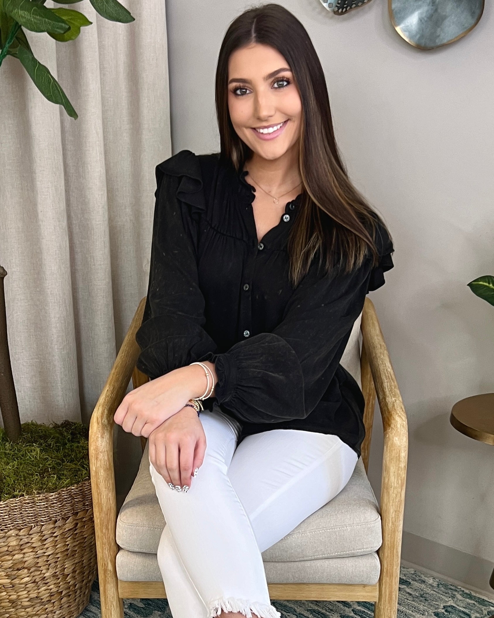 Crisp Fall Charcoal Mineral Washed Ruffle Top-Shop-Womens-Boutique-Clothing