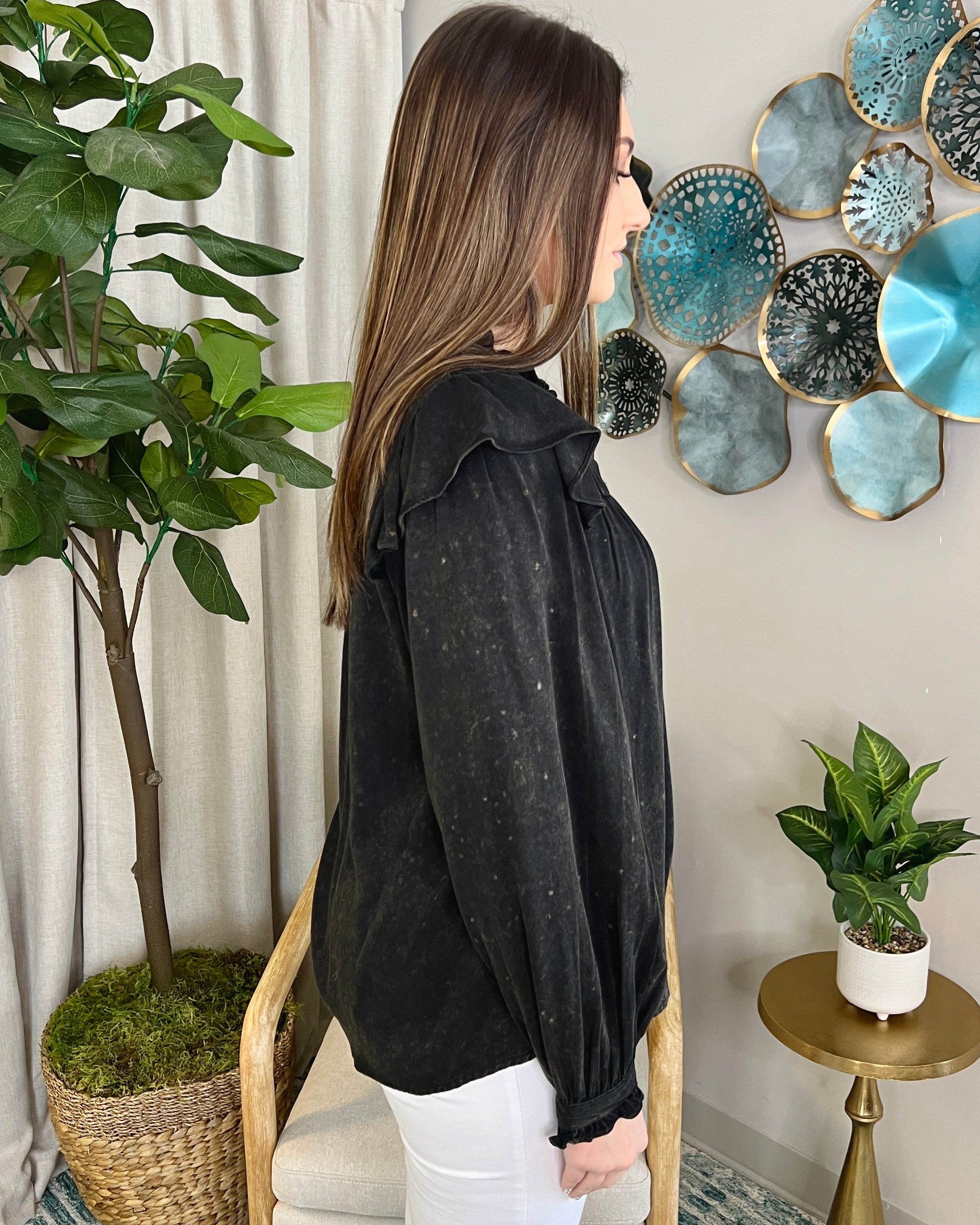 Crisp Fall Charcoal Mineral Washed Ruffle Top-Shop-Womens-Boutique-Clothing