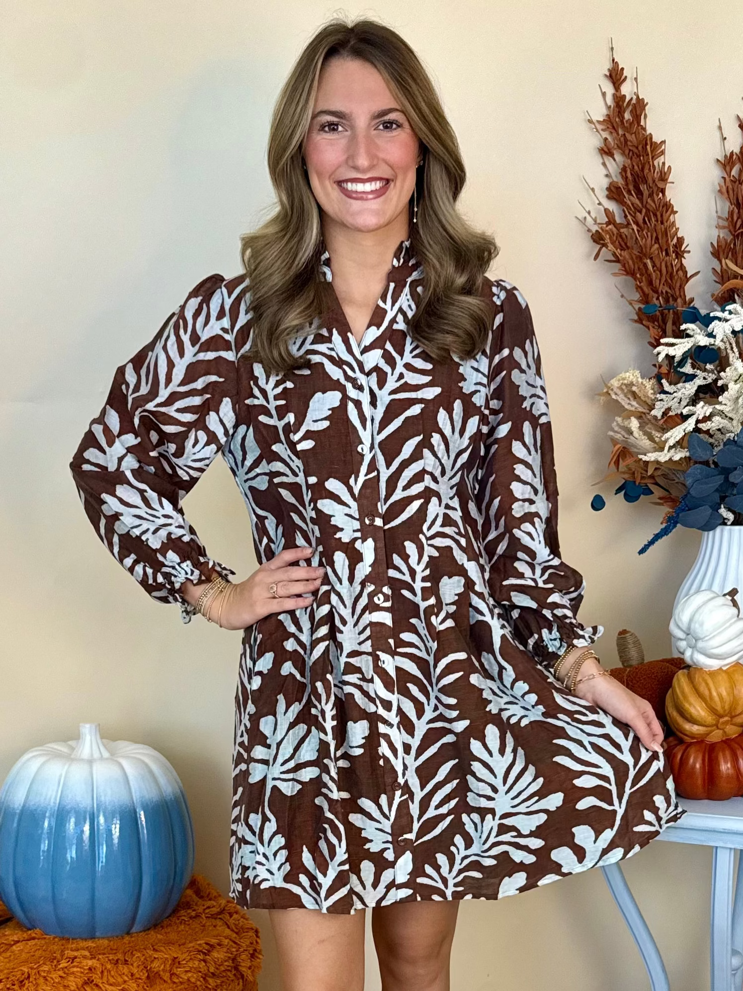 Quiet Beauty Chocolate Mix Leafy Print Button Down Dress-Shop-Womens-Boutique-Clothing