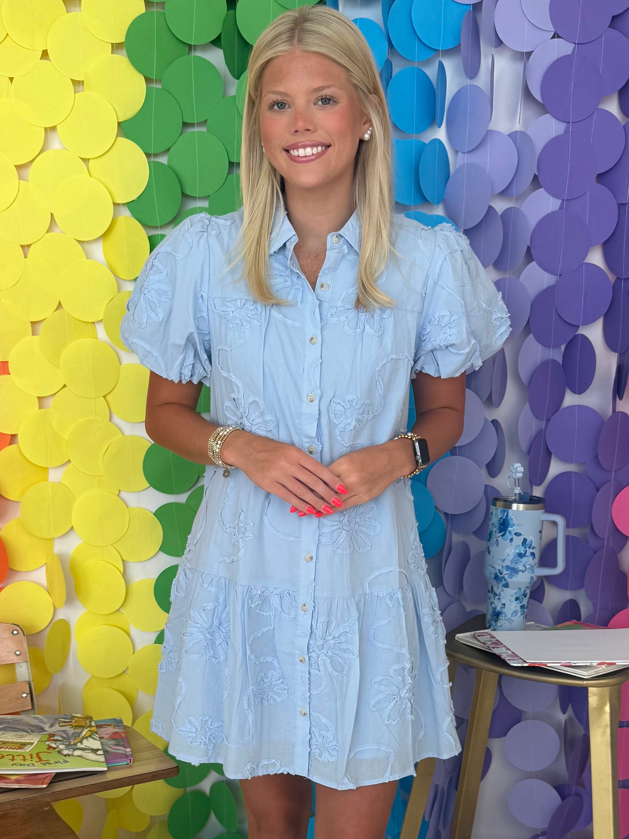 Dockside Blue Embroidery Detail Button Front Dress-Shop-Womens-Boutique-Clothing