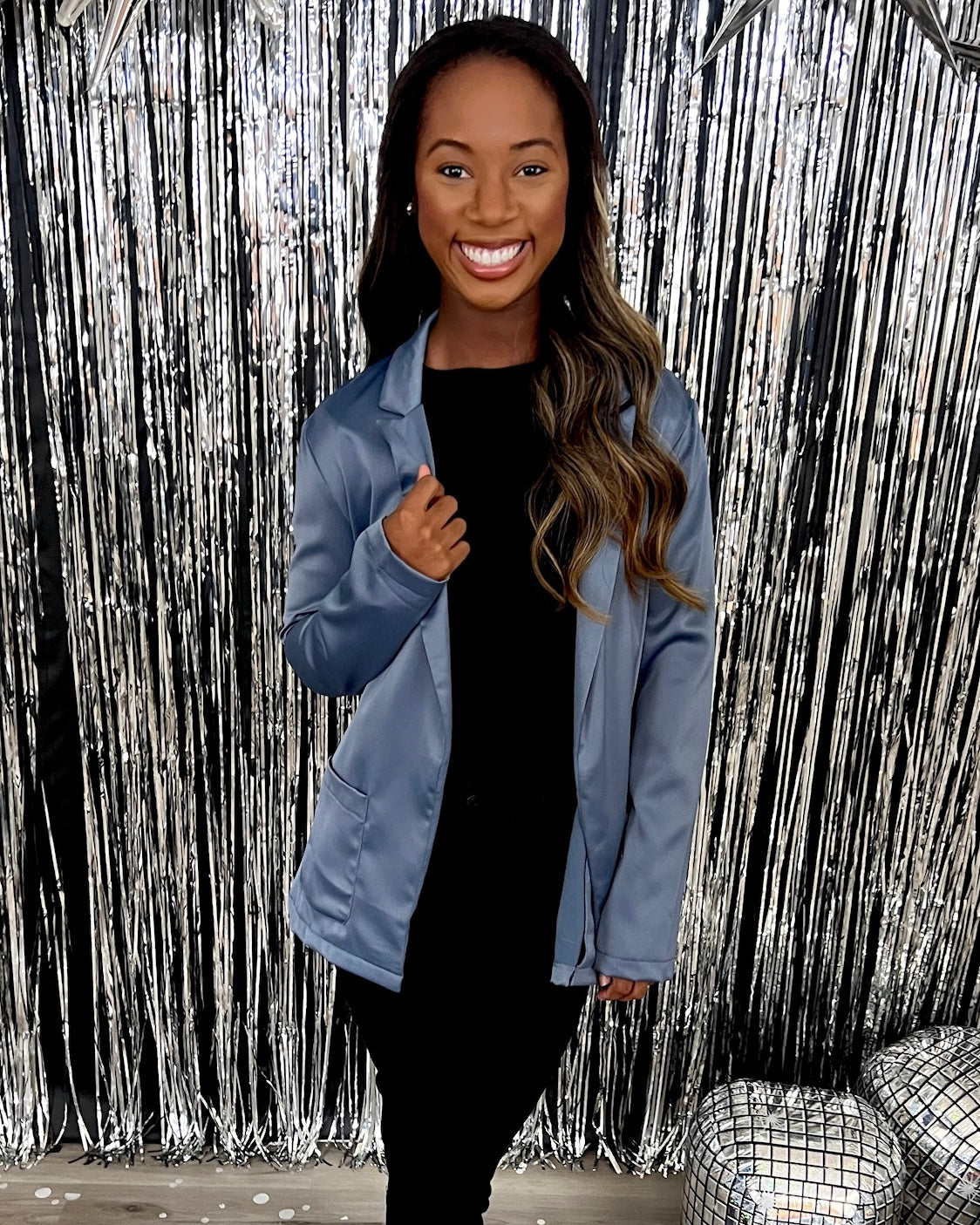 Keep It Up Slate Satin Blazer-Shop-Womens-Boutique-Clothing