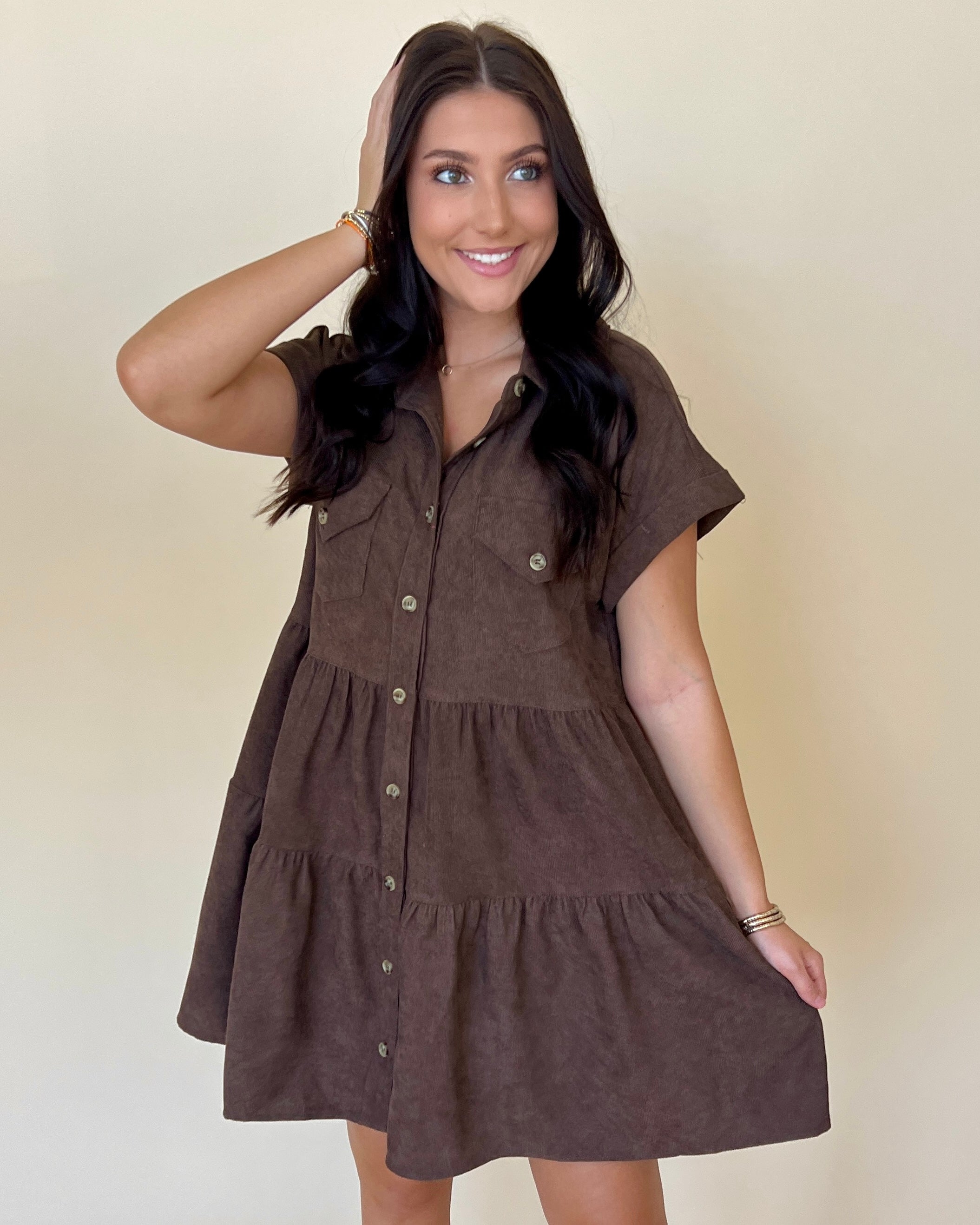 Essentially You Espresso Corduroy Tiered Dress-Shop-Womens-Boutique-Clothing