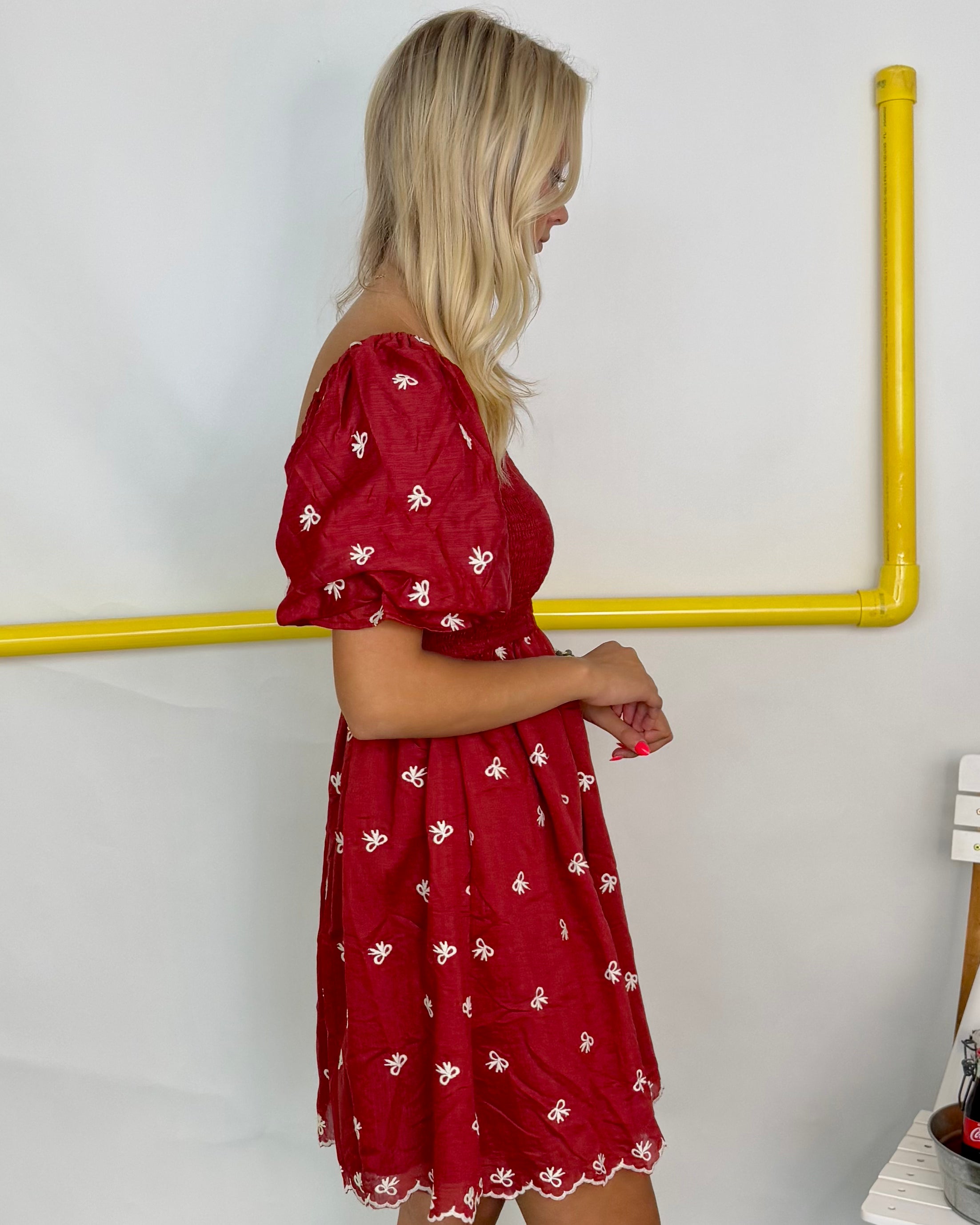 Lovely Days Red Bow Embroidered Dress-Shop-Womens-Boutique-Clothing