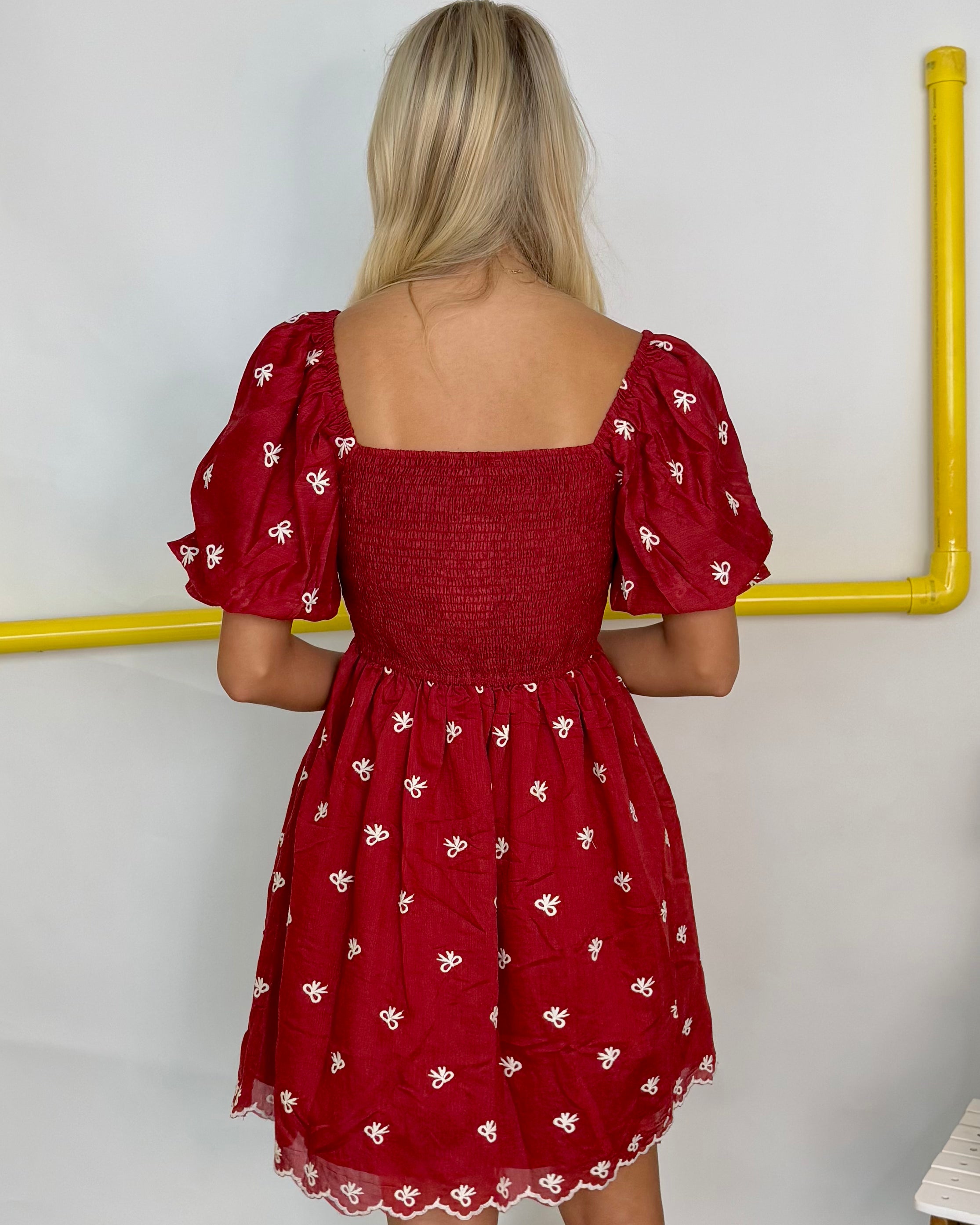 Lovely Days Red Bow Embroidered Dress-Shop-Womens-Boutique-Clothing