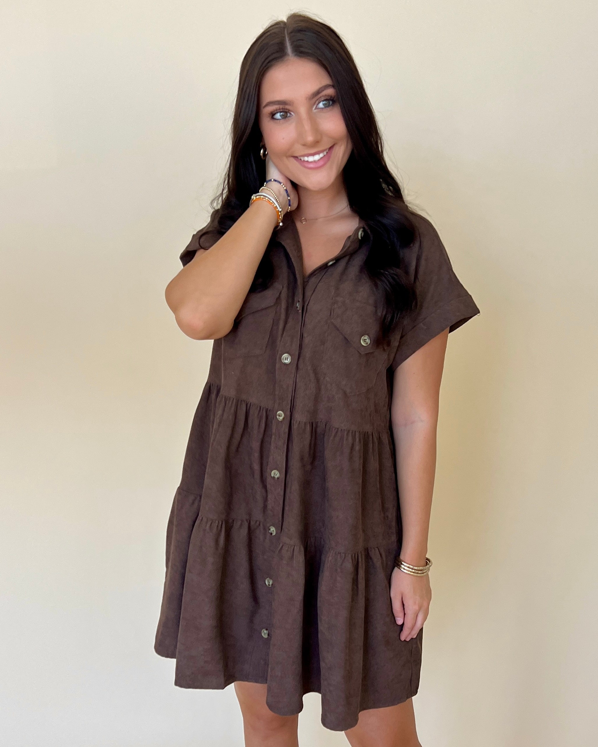 Essentially You Espresso Corduroy Tiered Dress-Shop-Womens-Boutique-Clothing