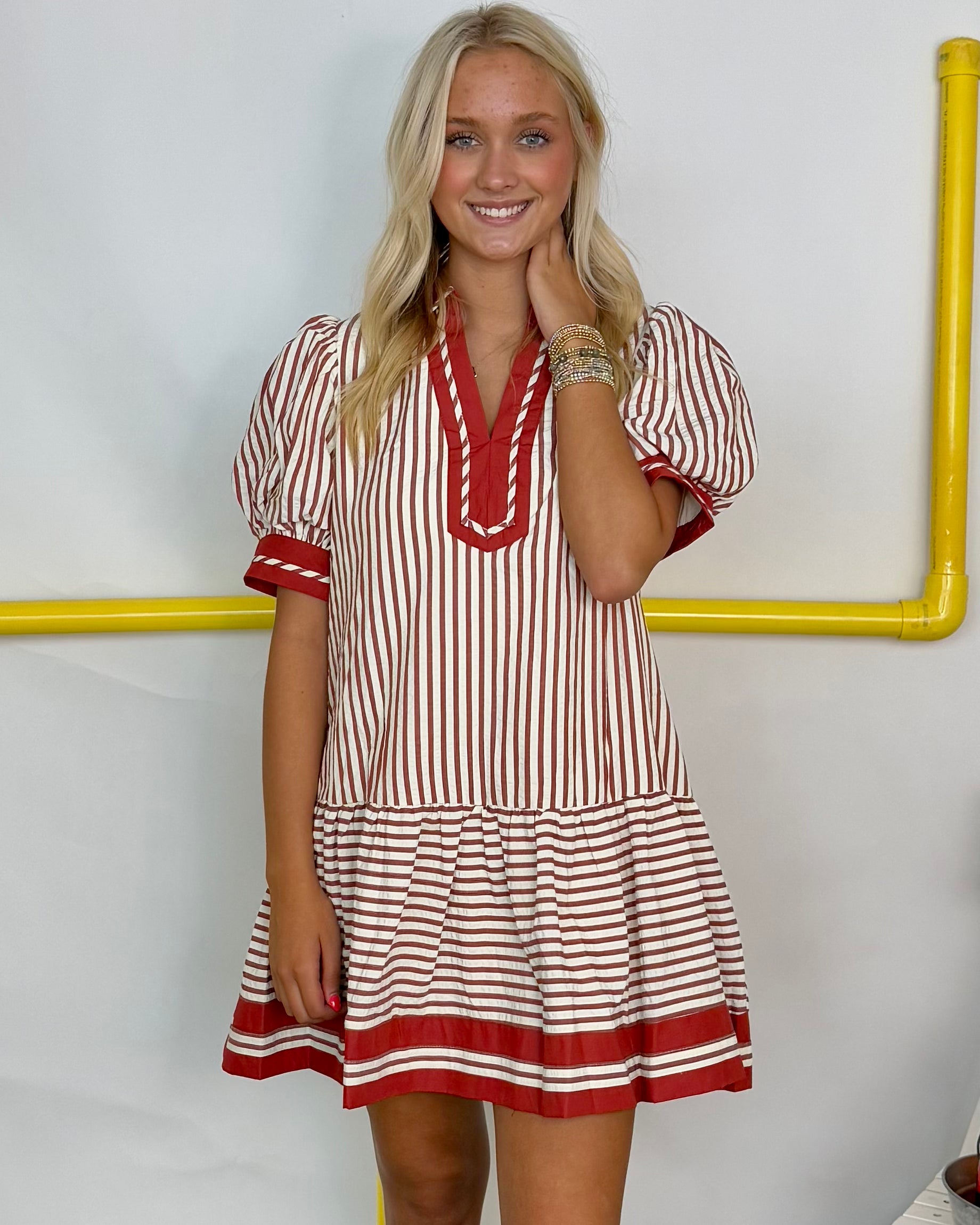 Fall Behind Rust Textured Stripe Dress-Shop-Womens-Boutique-Clothing