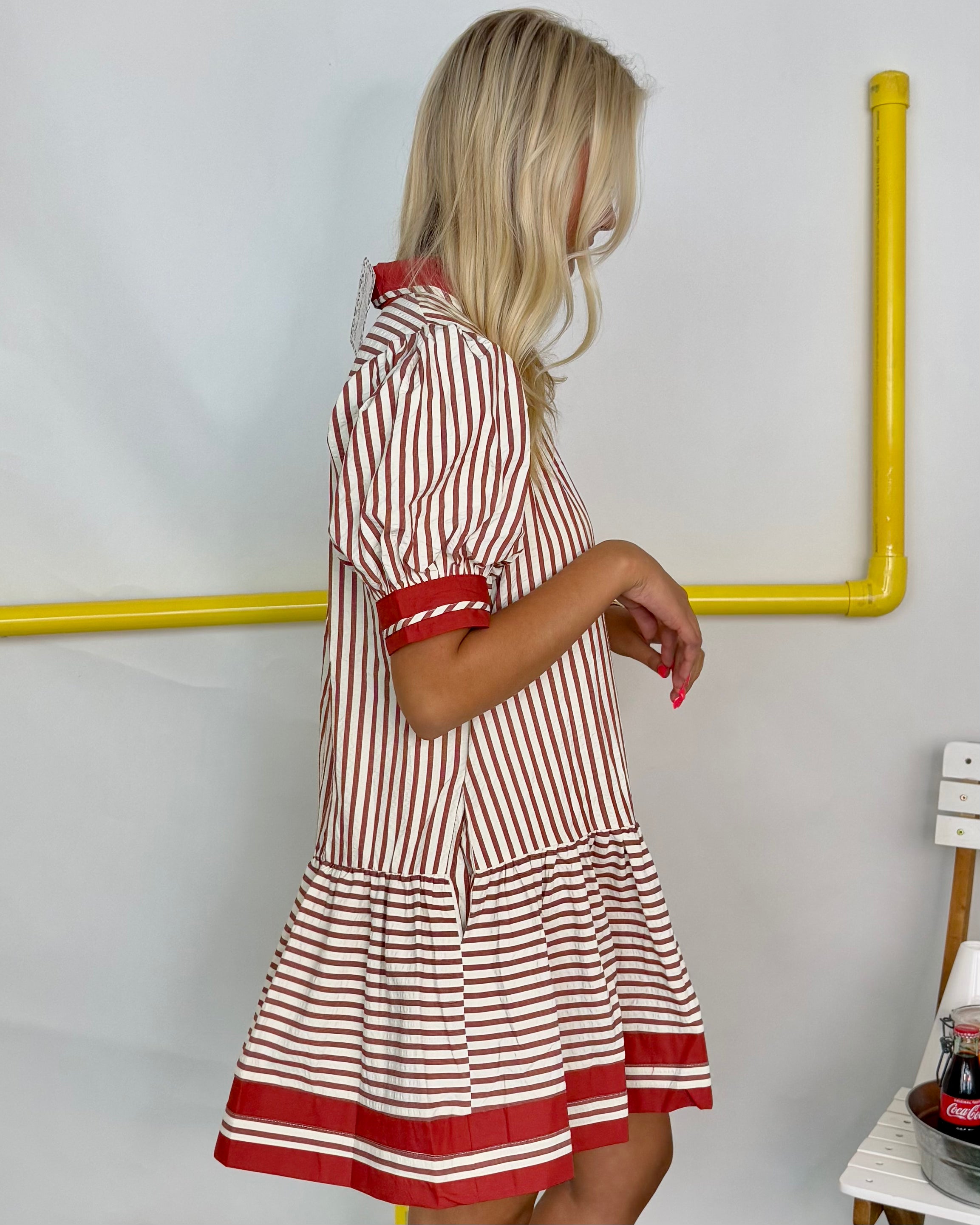Fall Behind Rust Textured Stripe Dress-Shop-Womens-Boutique-Clothing