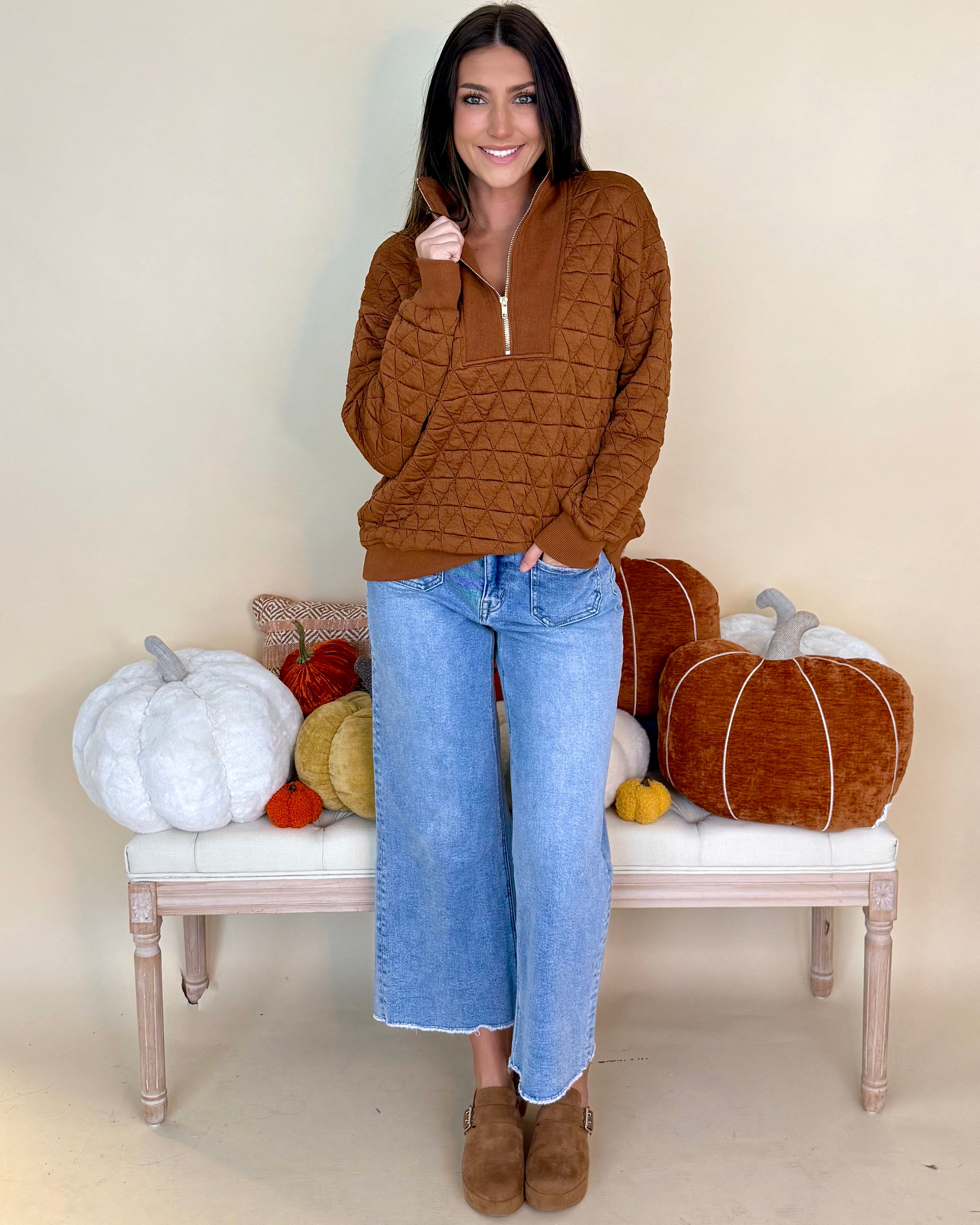 Pure Comfort Copper Quilted Half Zip Top-Shop-Womens-Boutique-Clothing