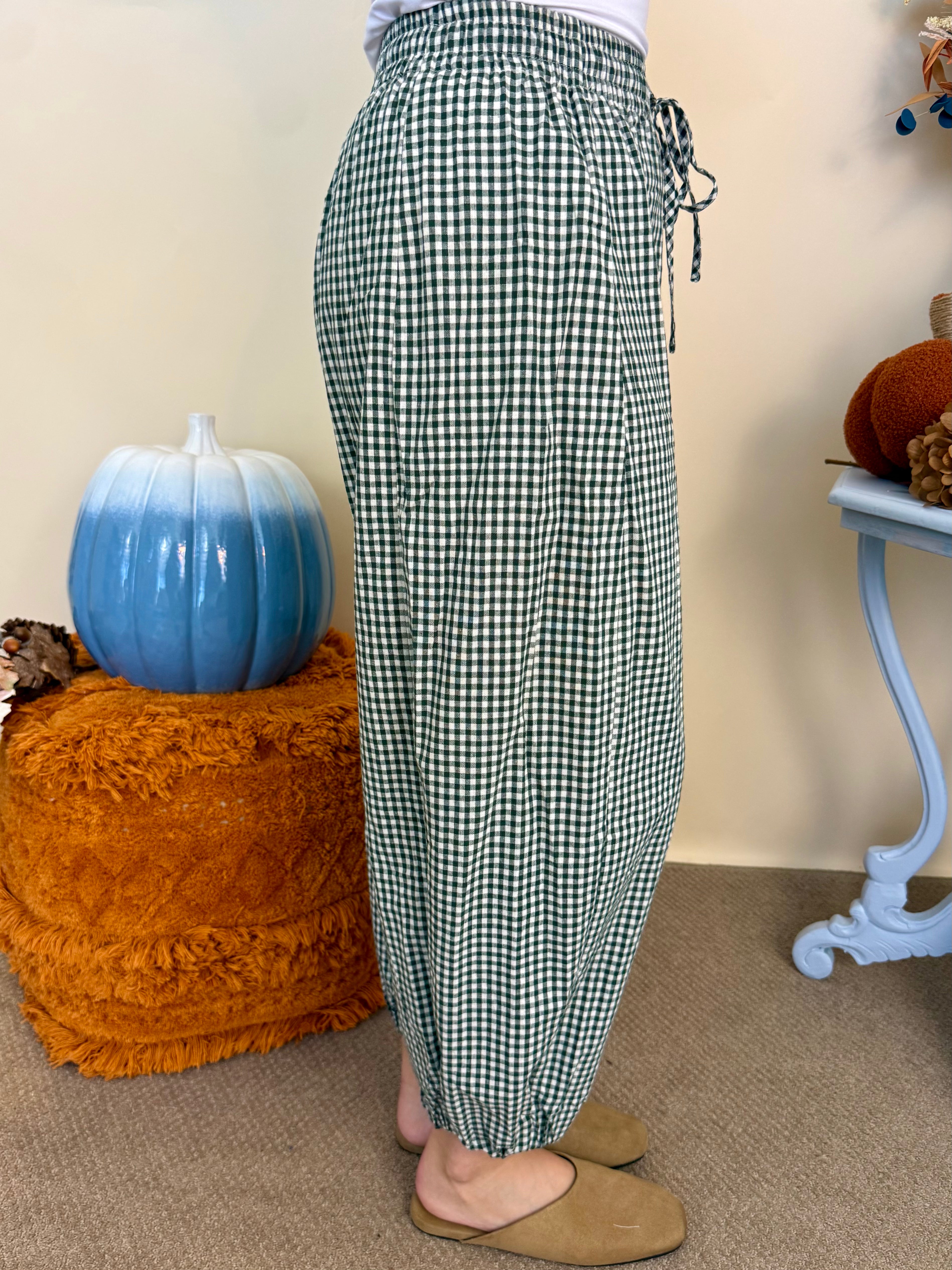 All the Feels H Green Gingham Barrel Leg Pants-Shop-Womens-Boutique-Clothing
