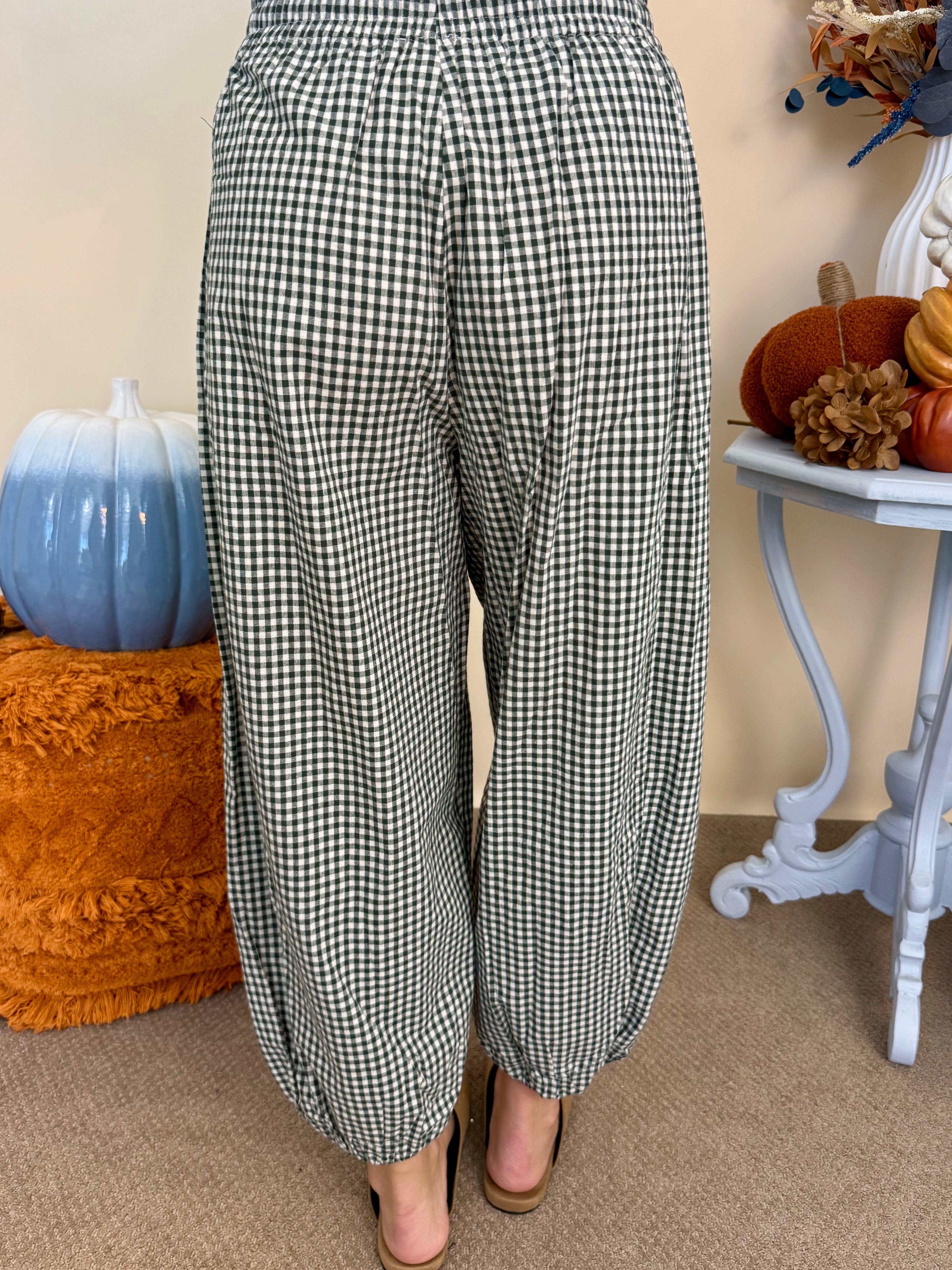 All the Feels H Green Gingham Barrel Leg Pants-Shop-Womens-Boutique-Clothing