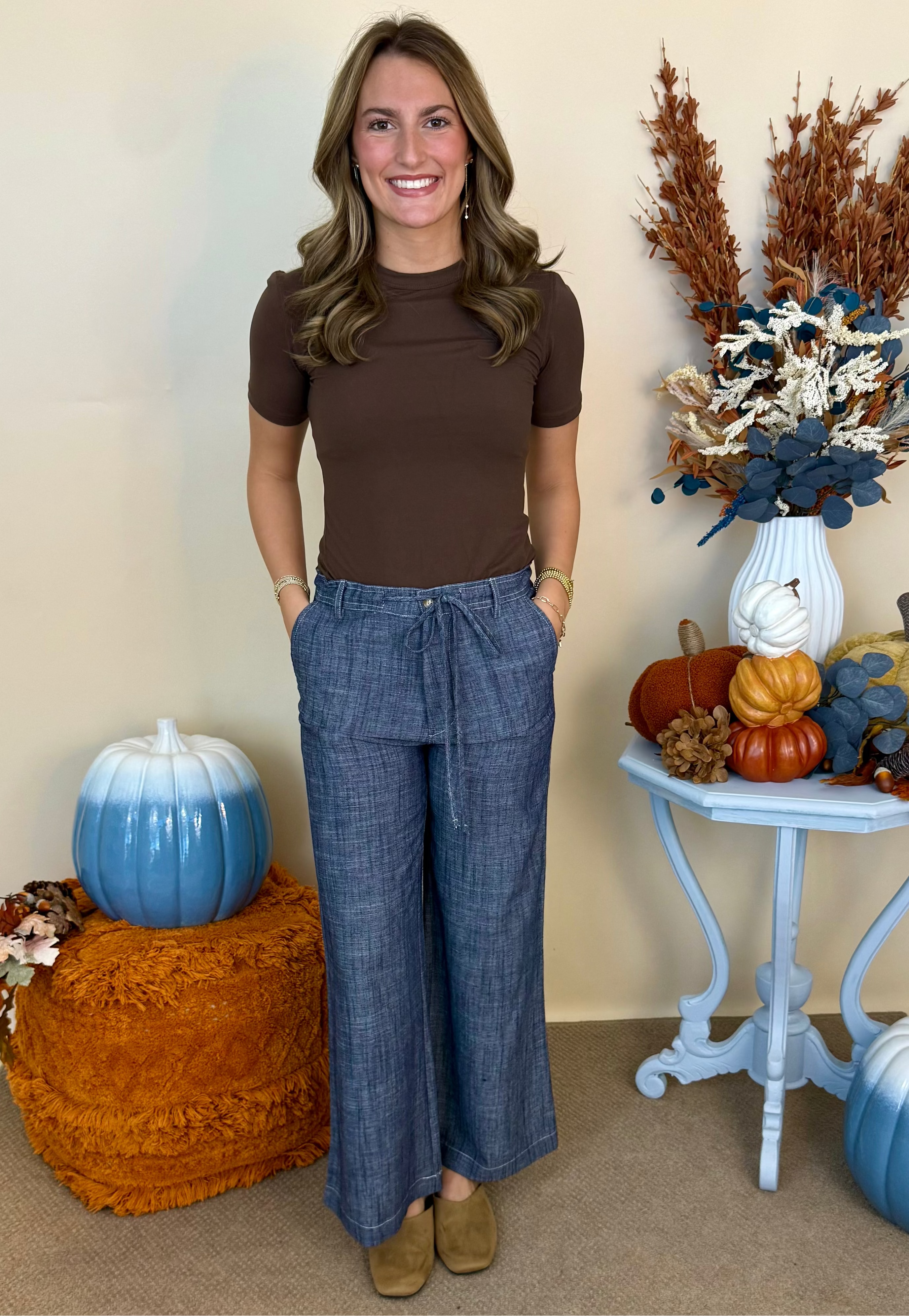 Sunlit Meadows Navy Straight Leg Pants-Shop-Womens-Boutique-Clothing