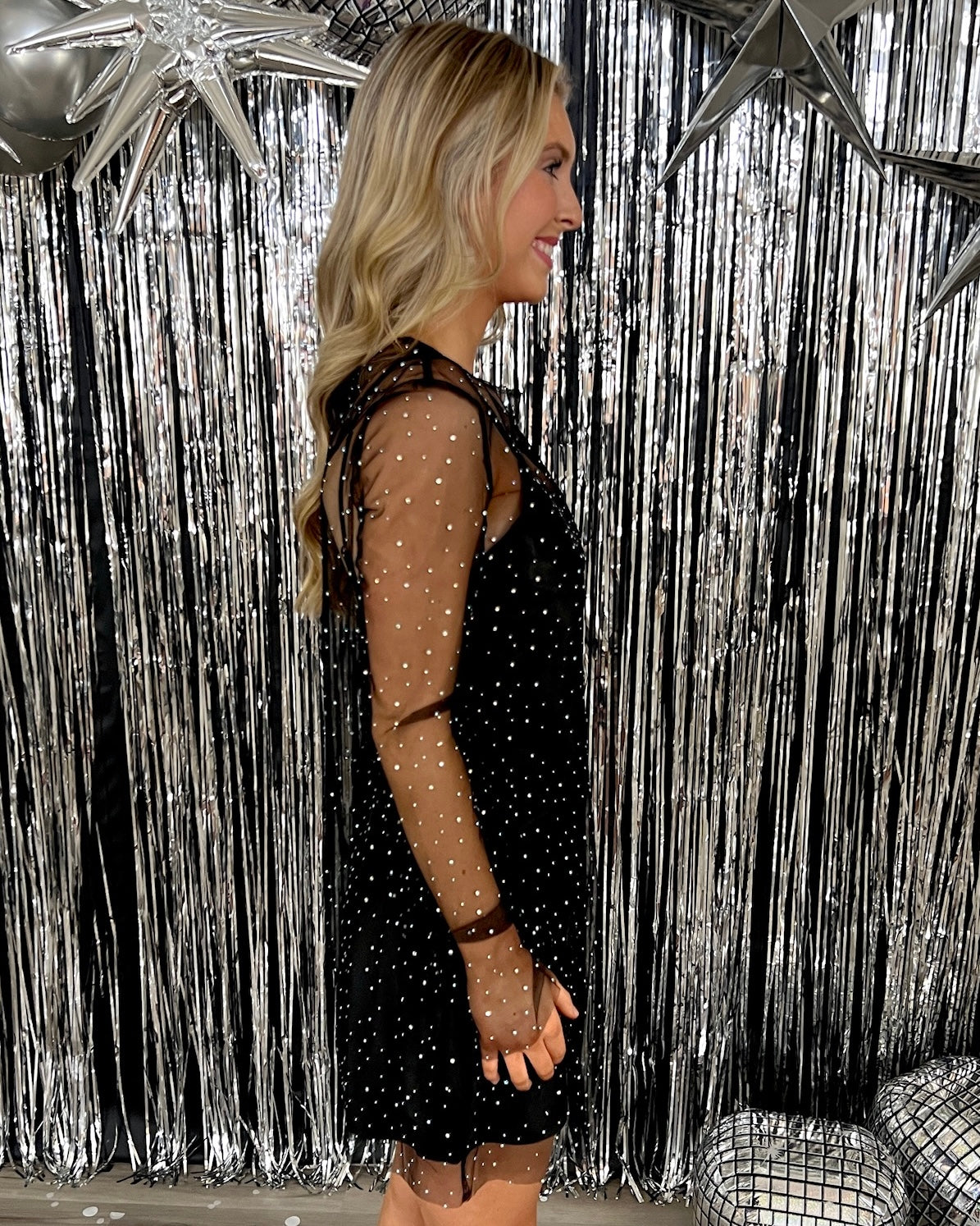 Girl's Night Black Mesh Rhinestone Slip Dress-Shop-Womens-Boutique-Clothing
