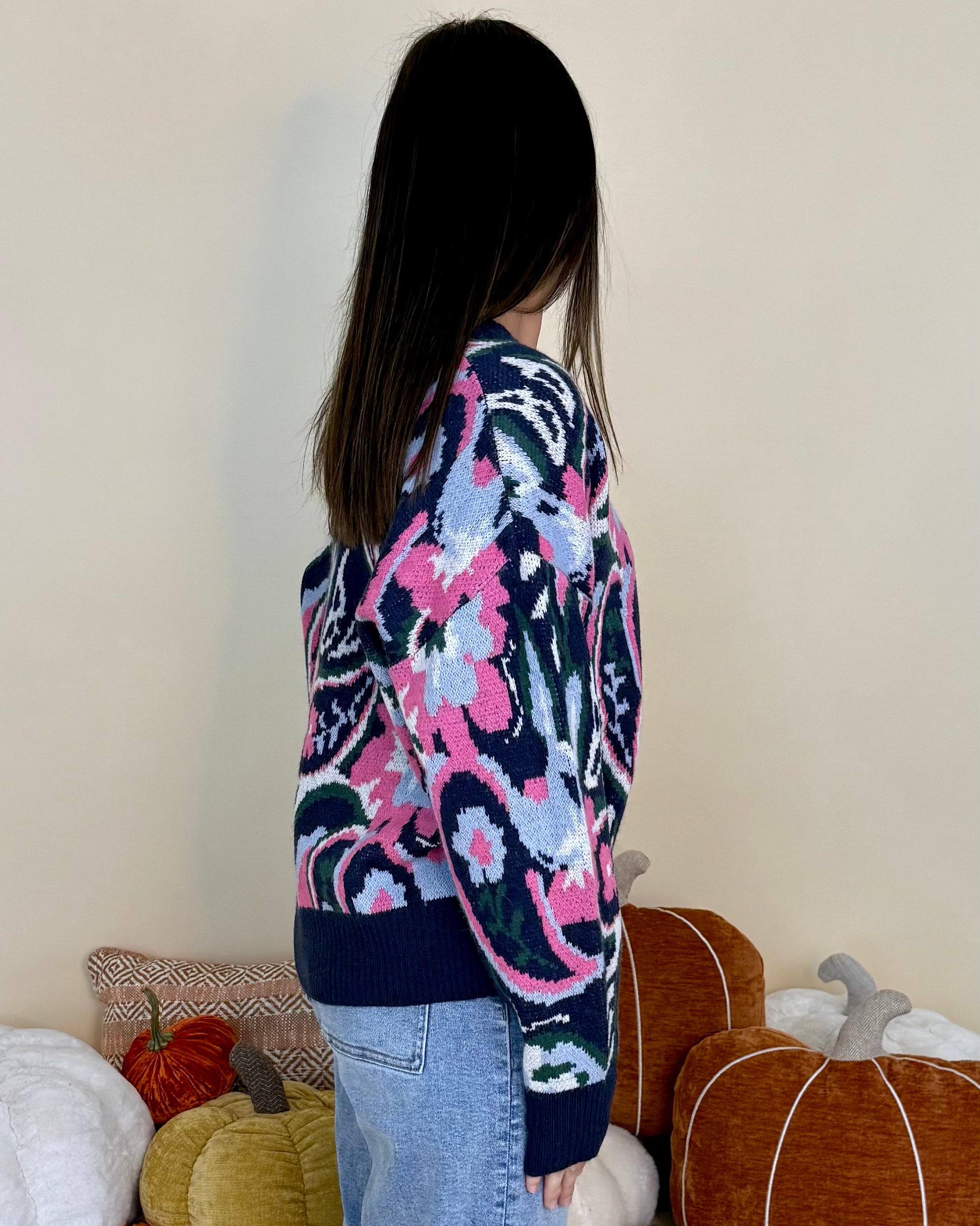 World Is Yours Navy/Pink Paisley Sweater-Shop-Womens-Boutique-Clothing
