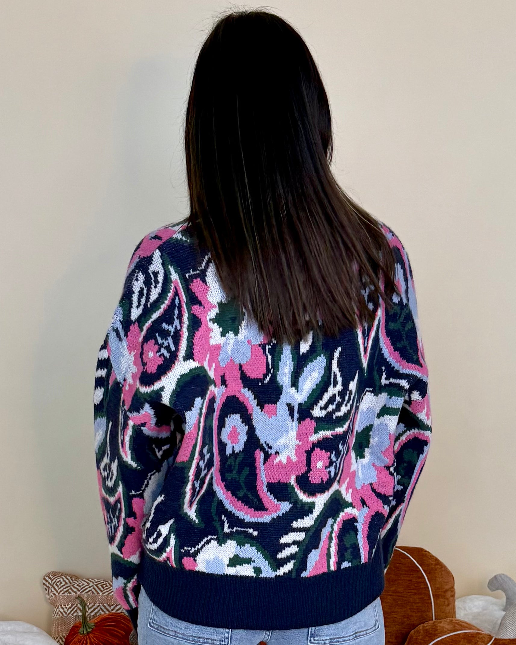 World Is Yours Navy/Pink Paisley Sweater-Shop-Womens-Boutique-Clothing