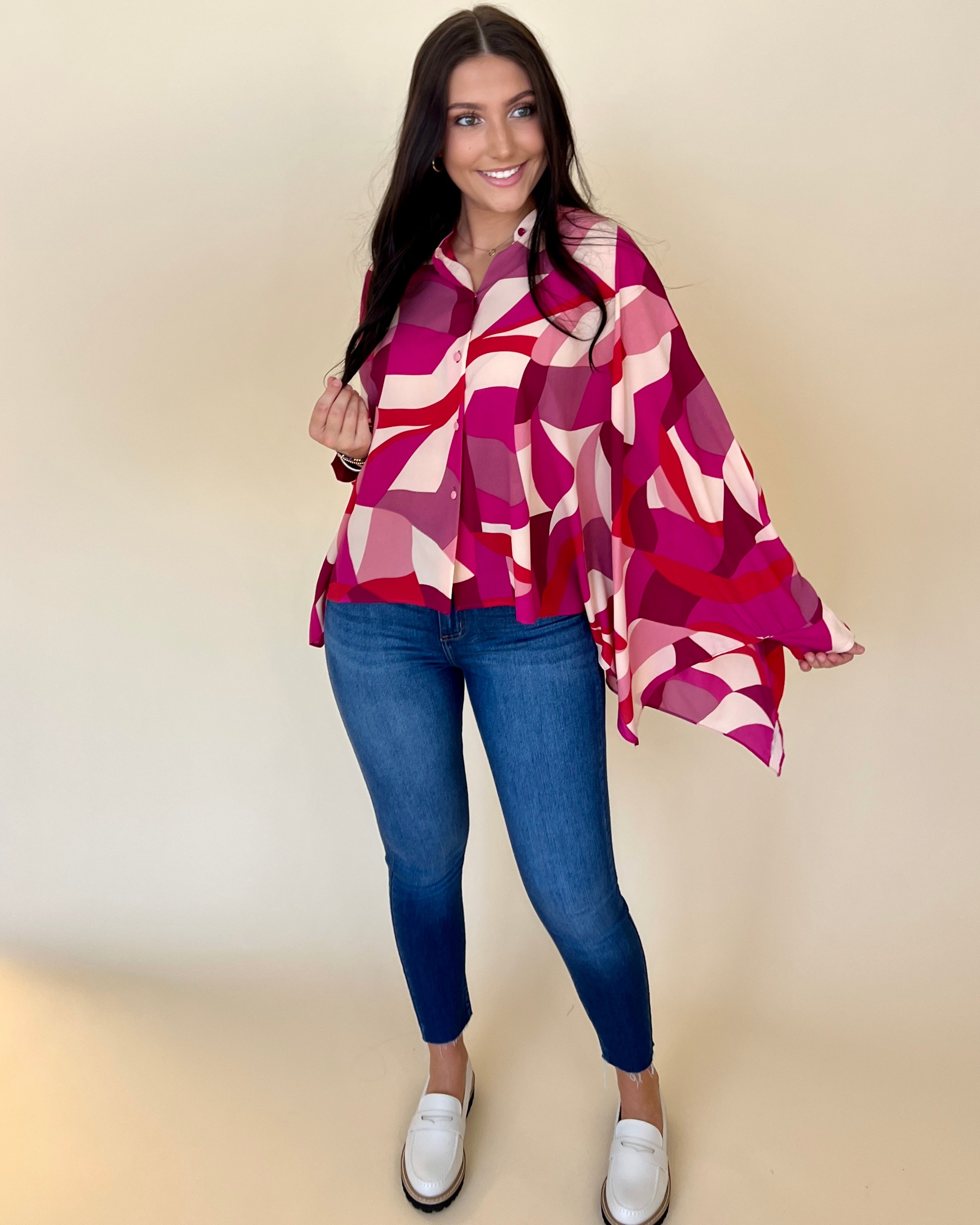 Sweet Feelings Hot Pink Abstract Button Down Top-Shop-Womens-Boutique-Clothing