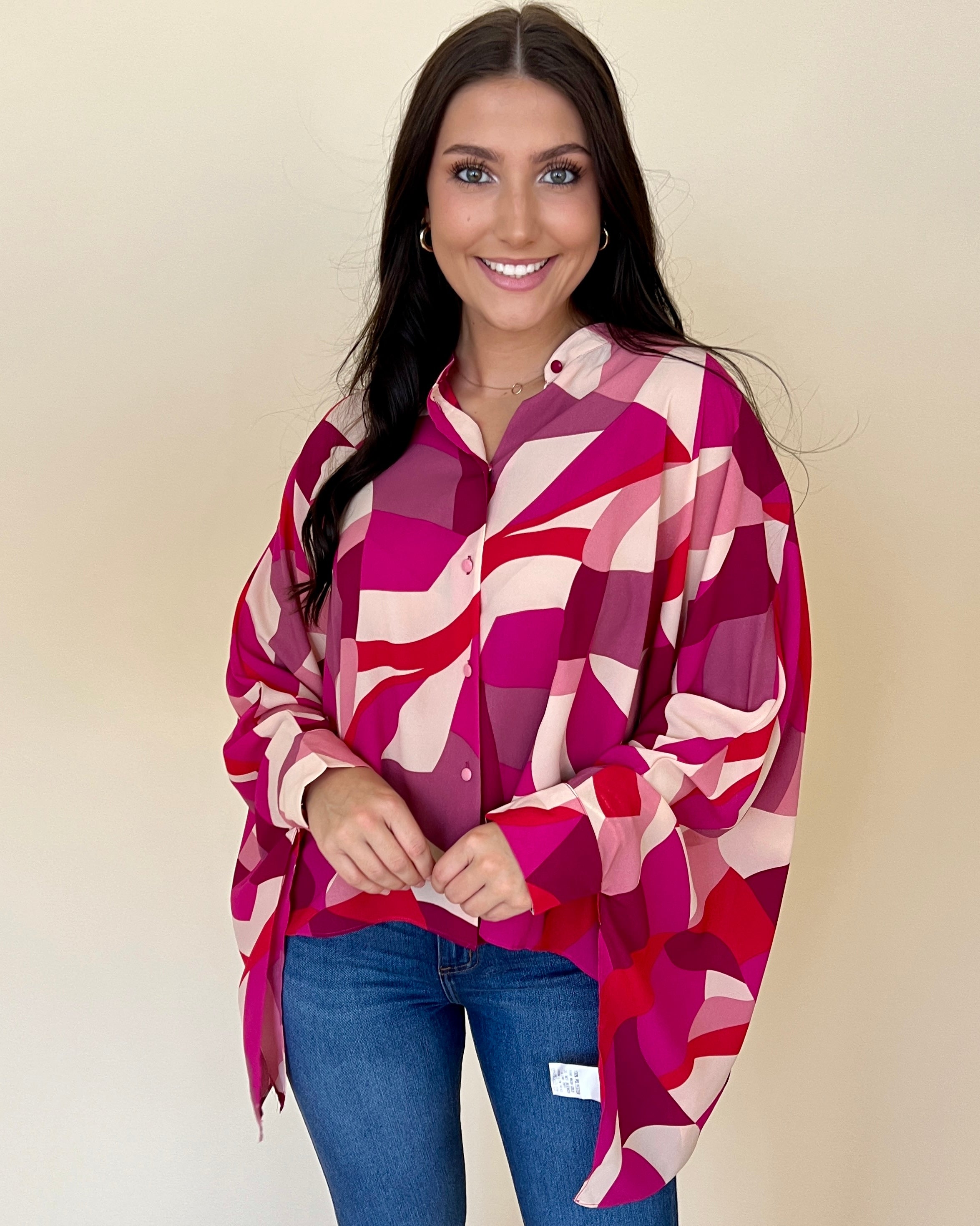 Sweet Feelings Hot Pink Abstract Button Down Top-Shop-Womens-Boutique-Clothing