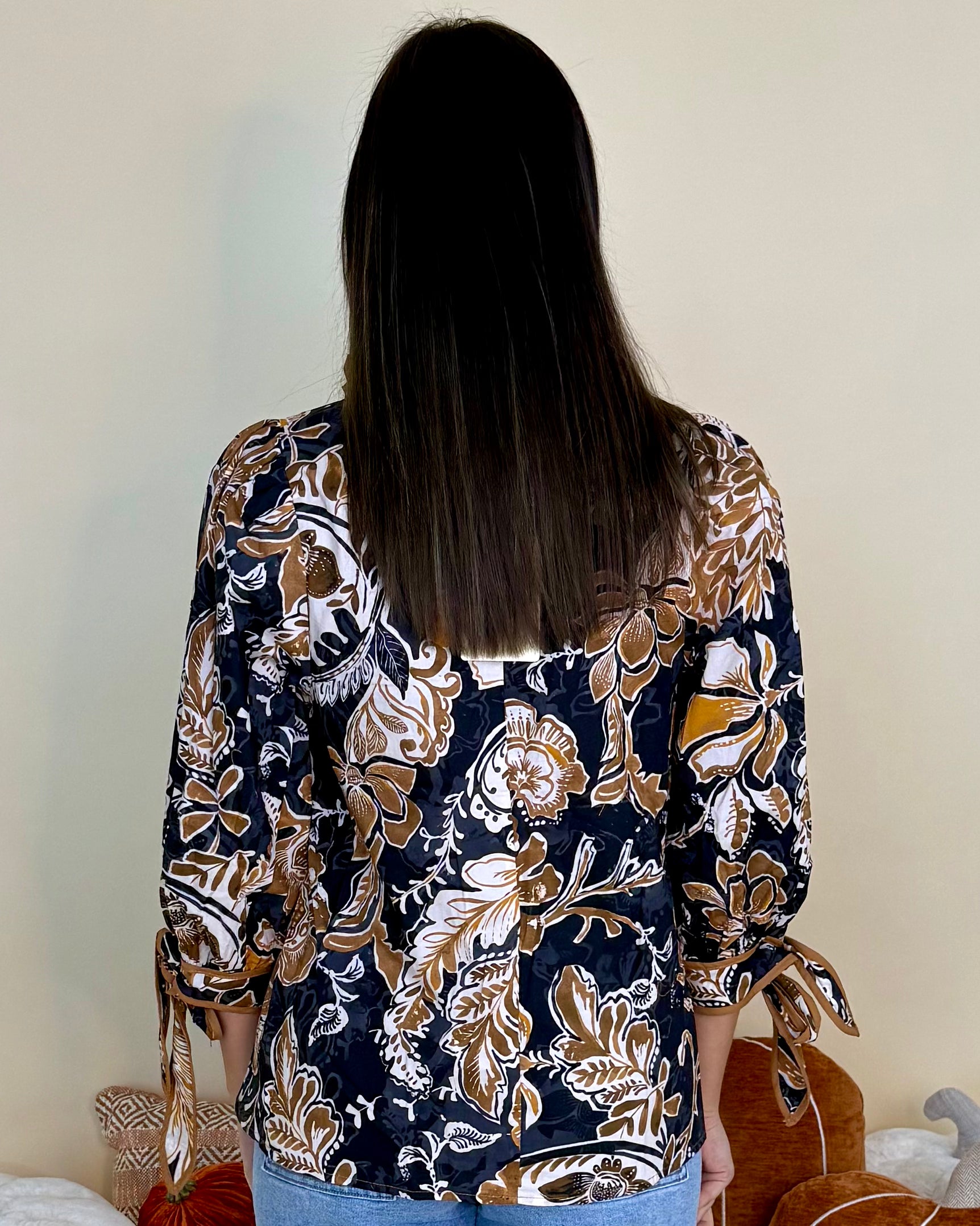 After Hours Black Camel Floral Ruffle Tie Top-Shop-Womens-Boutique-Clothing