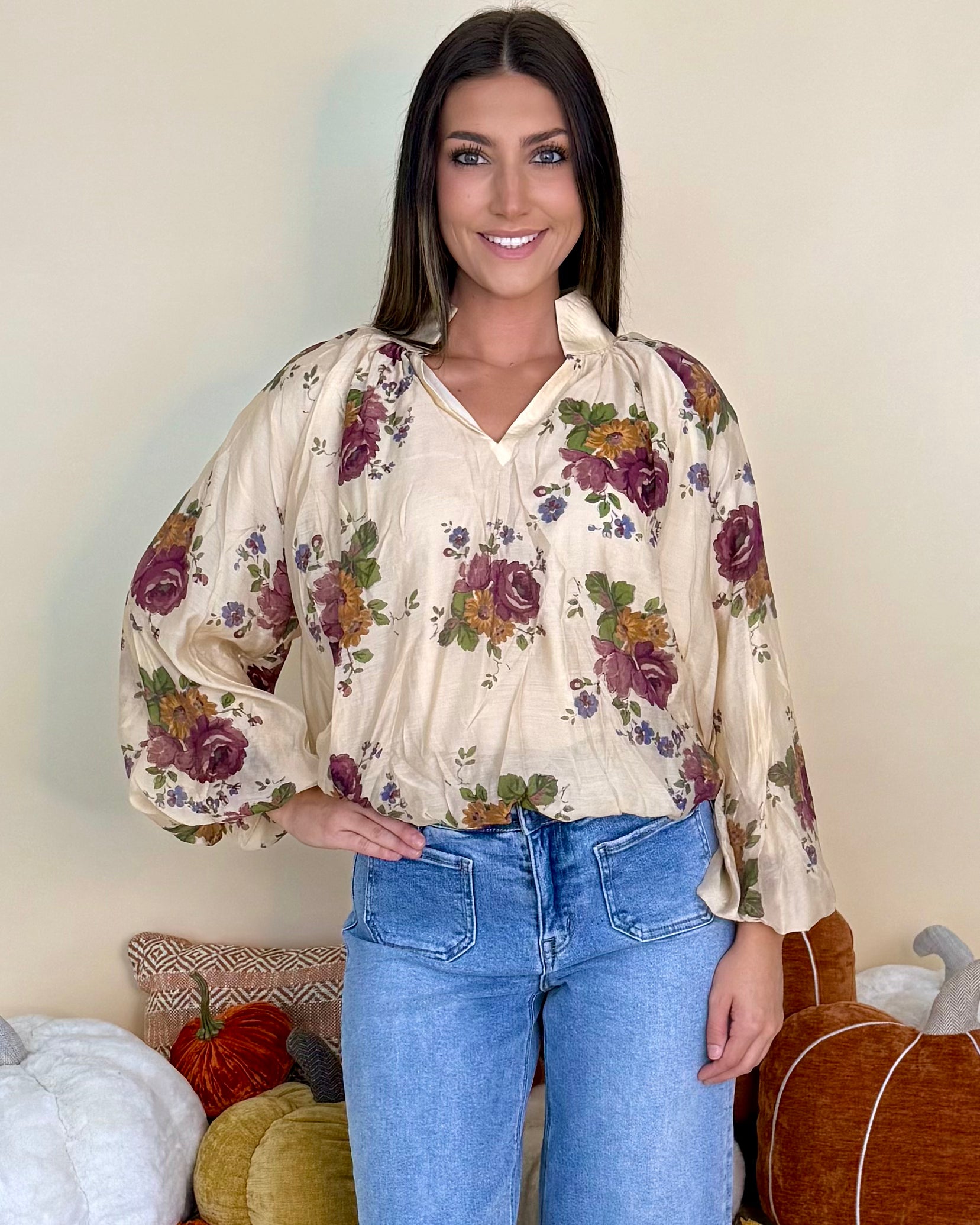 Melting Hearts Ecru Floral Top-Shop-Womens-Boutique-Clothing