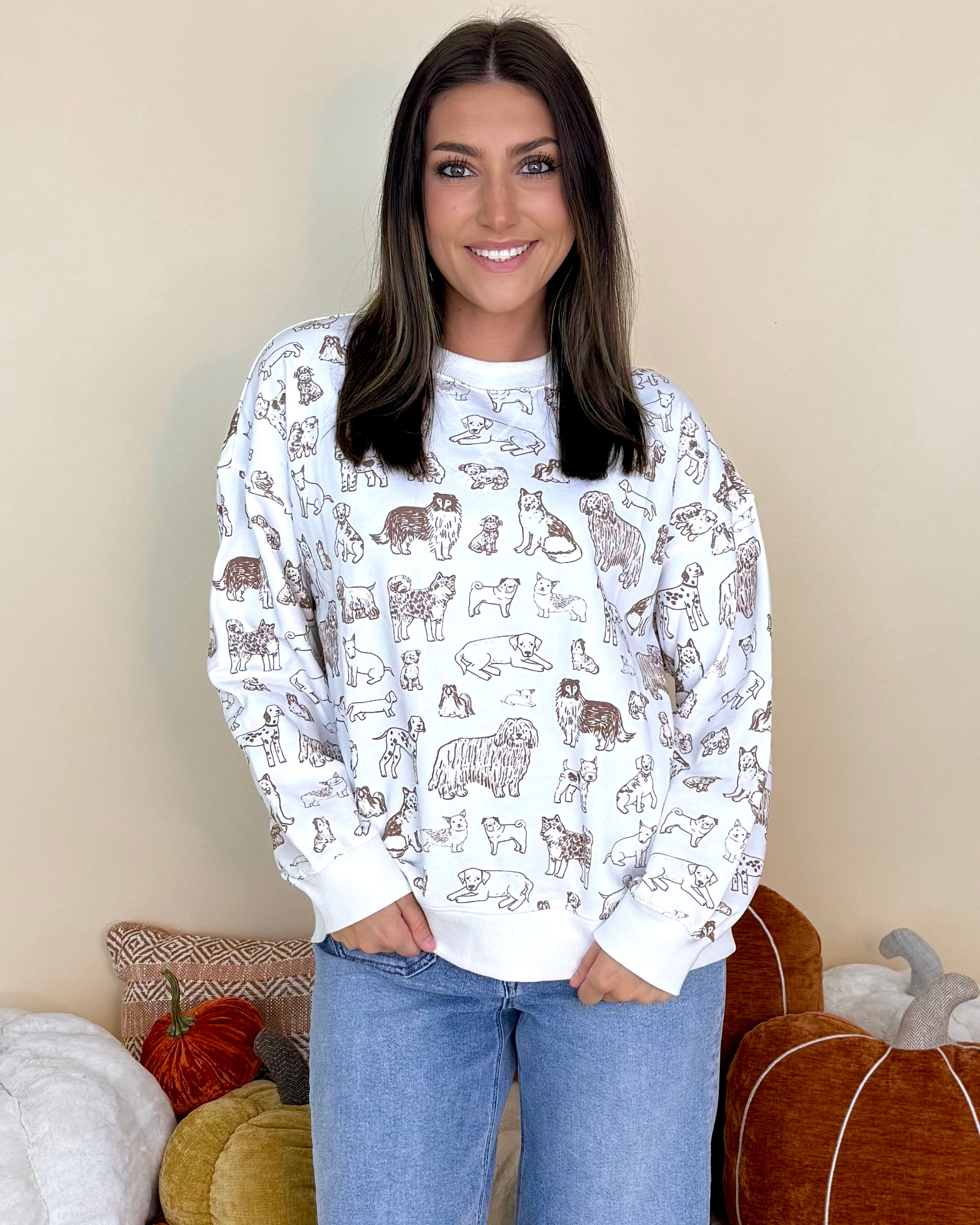 Make Me Smile Cream Dog Print Sweatshirt-Shop-Womens-Boutique-Clothing