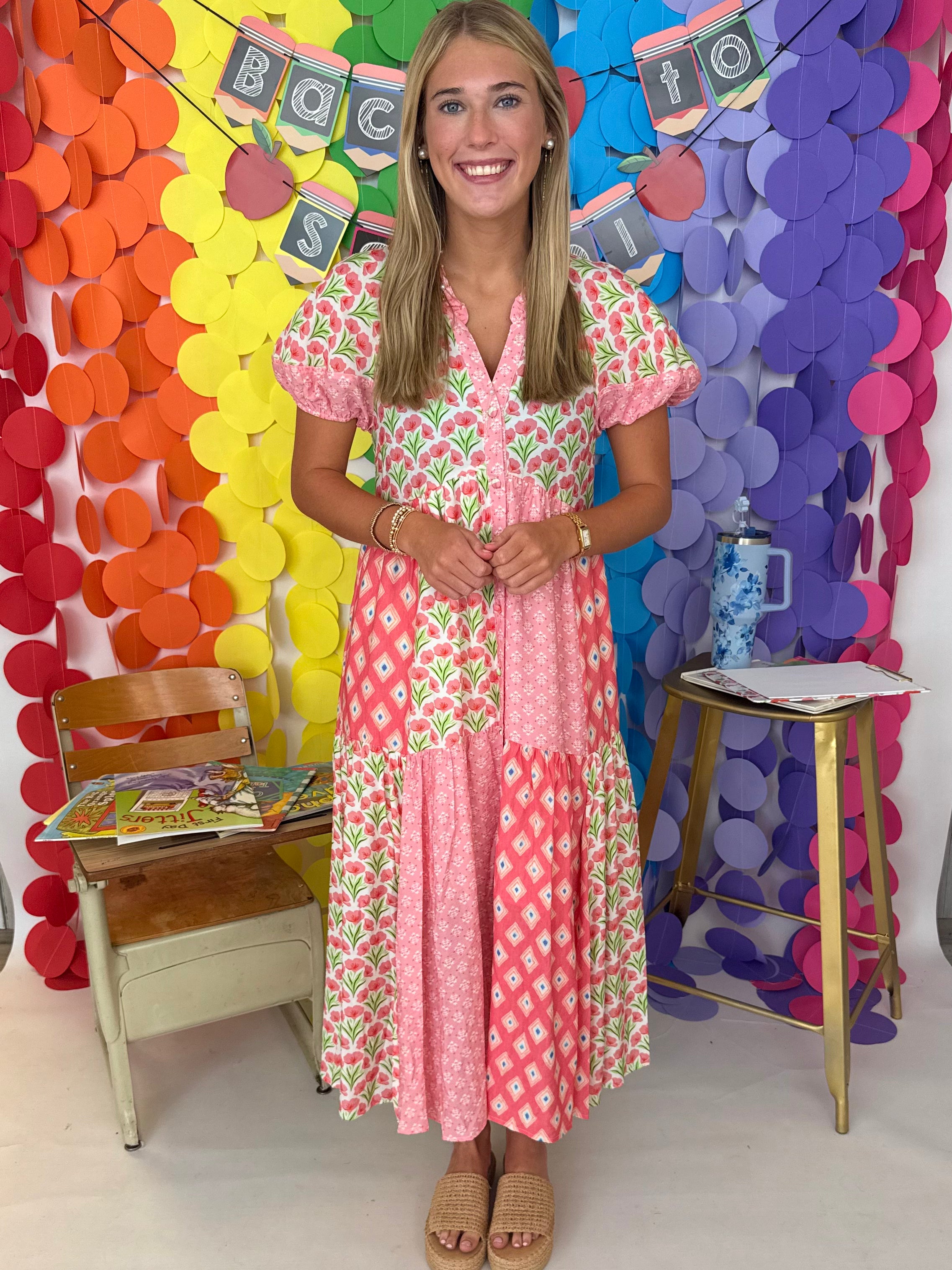 Let’s Catch Up Sugar Coral Mixed Floral Button Down Midi Dress-Shop-Womens-Boutique-Clothing