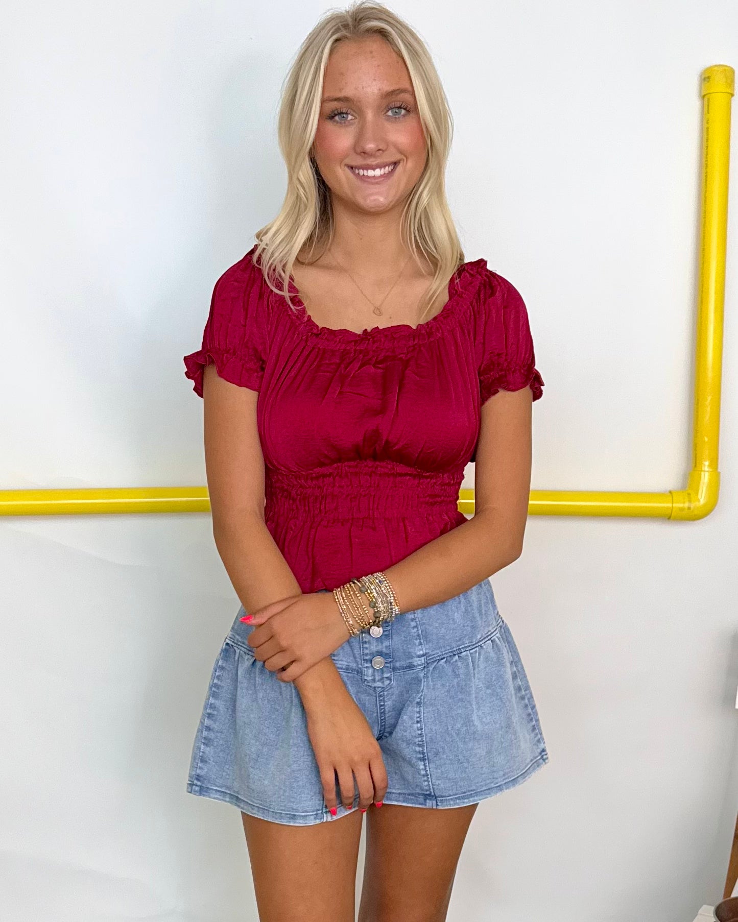 Oh My Darling Garnet Smocked Satin Top-Shop-Womens-Boutique-Clothing