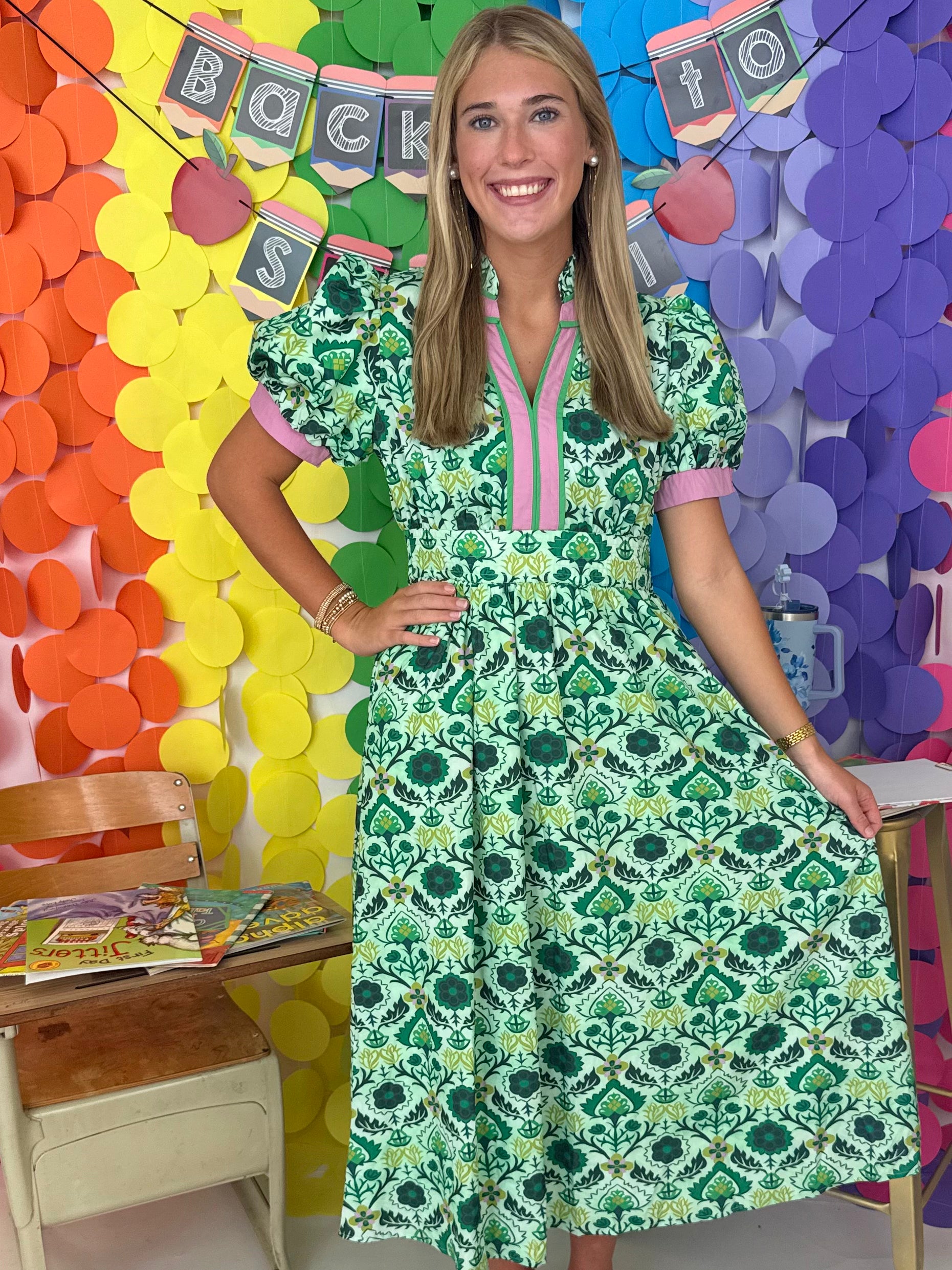 Simply Happy Green Boho Floral V-Neck Midi Dress-Shop-Womens-Boutique-Clothing