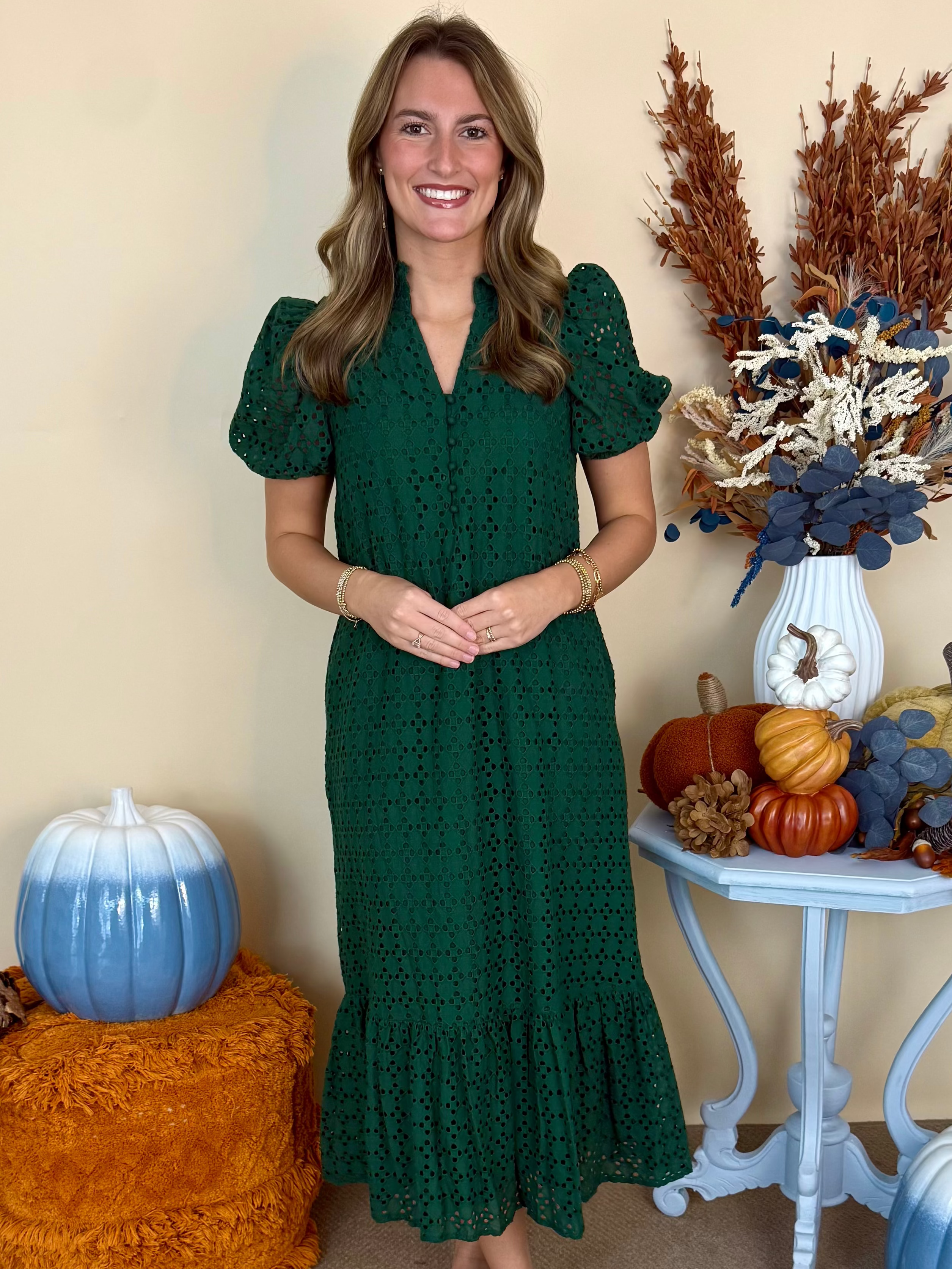 Everyday Muse H Green Eyelet Puff Sleeve Midi Dress-Shop-Womens-Boutique-Clothing