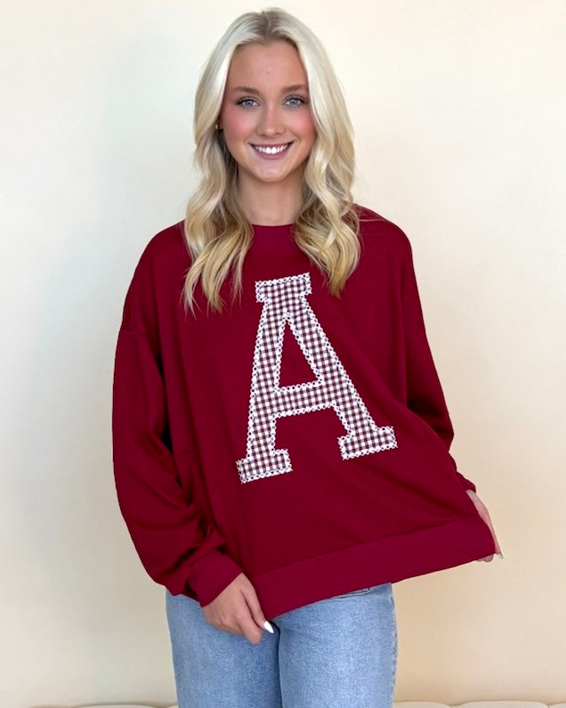 Gameday Red Gingham ¨A¨ Sweatshirt-Shop-Womens-Boutique-Clothing