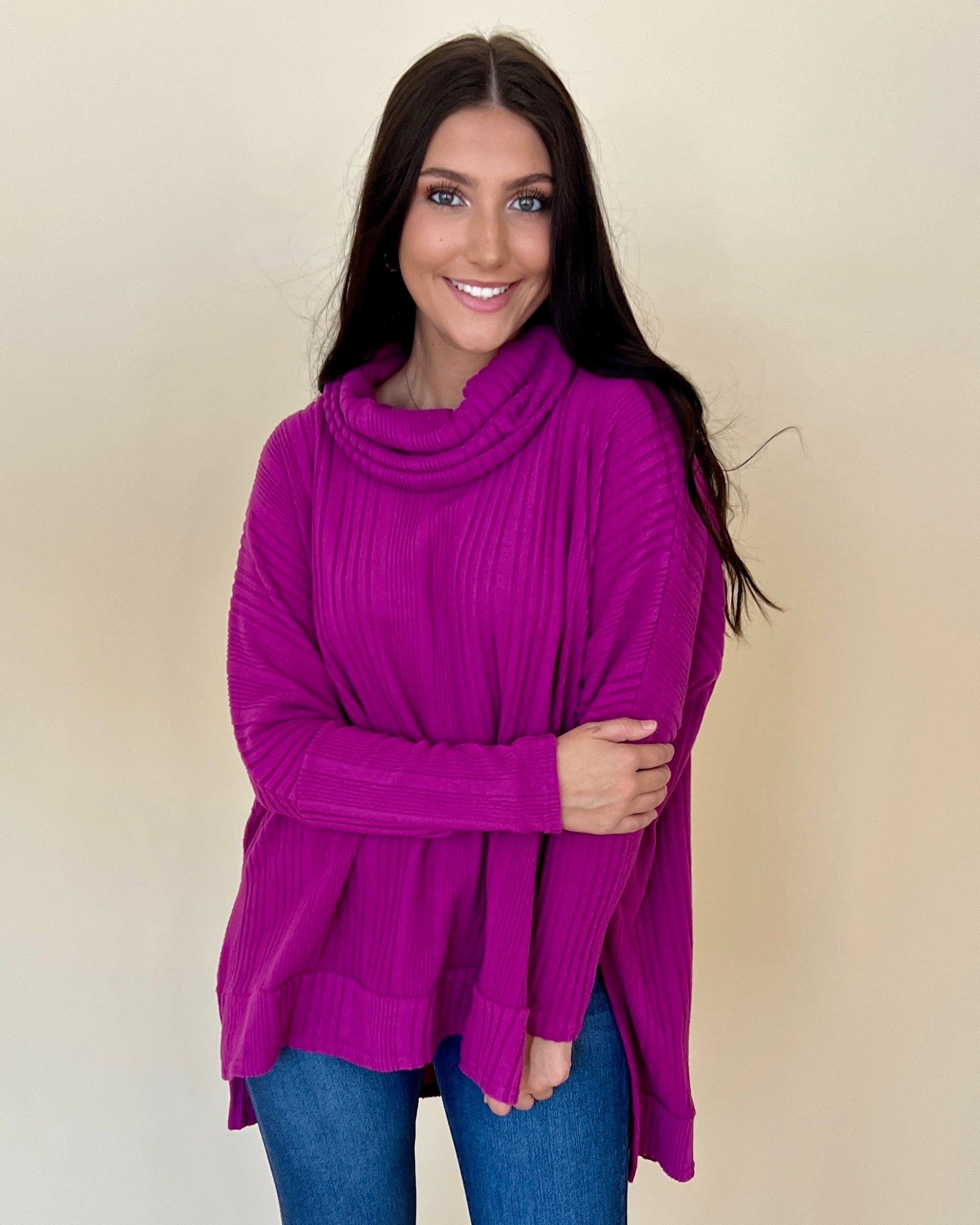 Thinking About You Magenta Ribbed Cowl Neck Knit Top-Shop-Womens-Boutique-Clothing