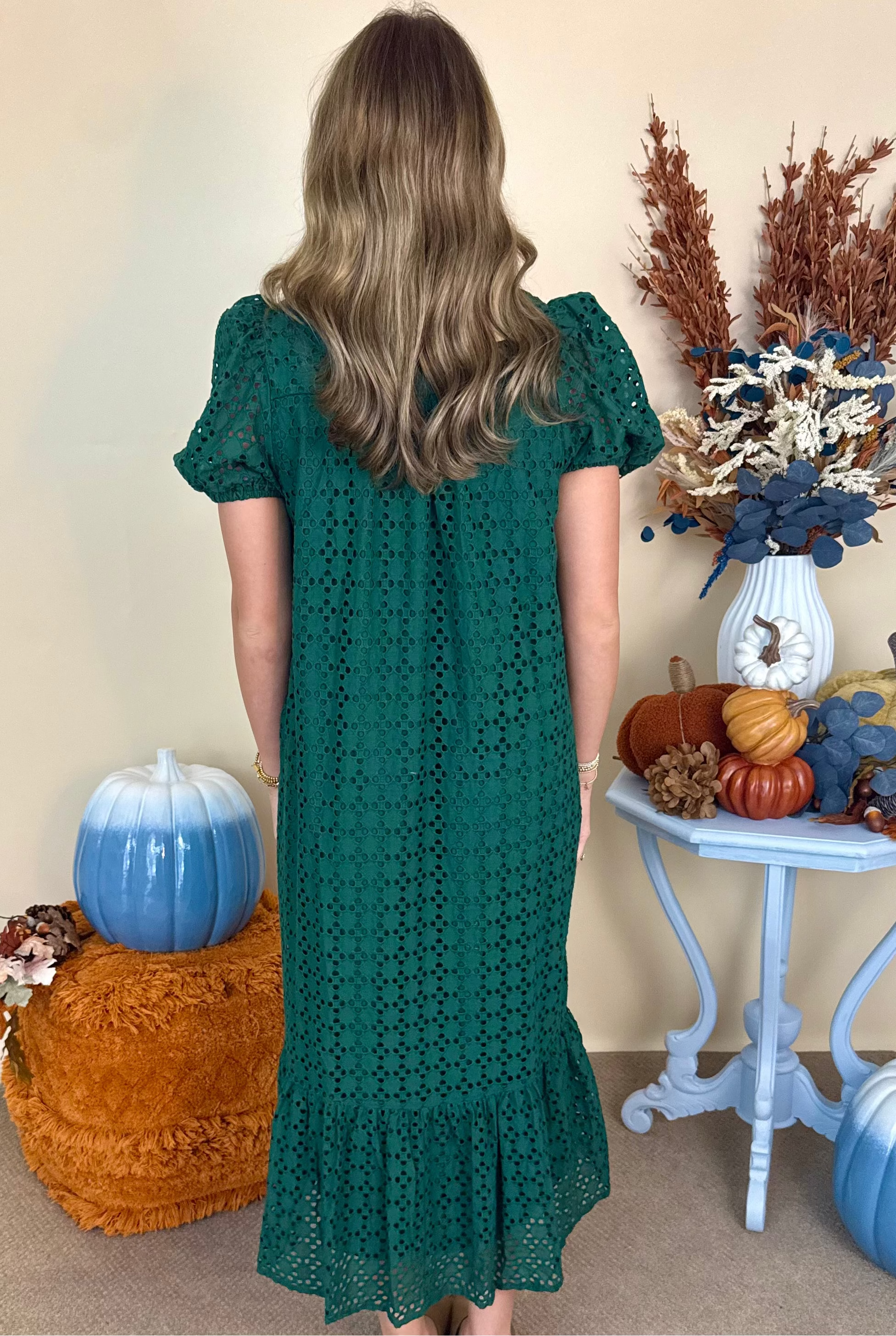 Everyday Muse H Green Eyelet Puff Sleeve Midi Dress-Shop-Womens-Boutique-Clothing