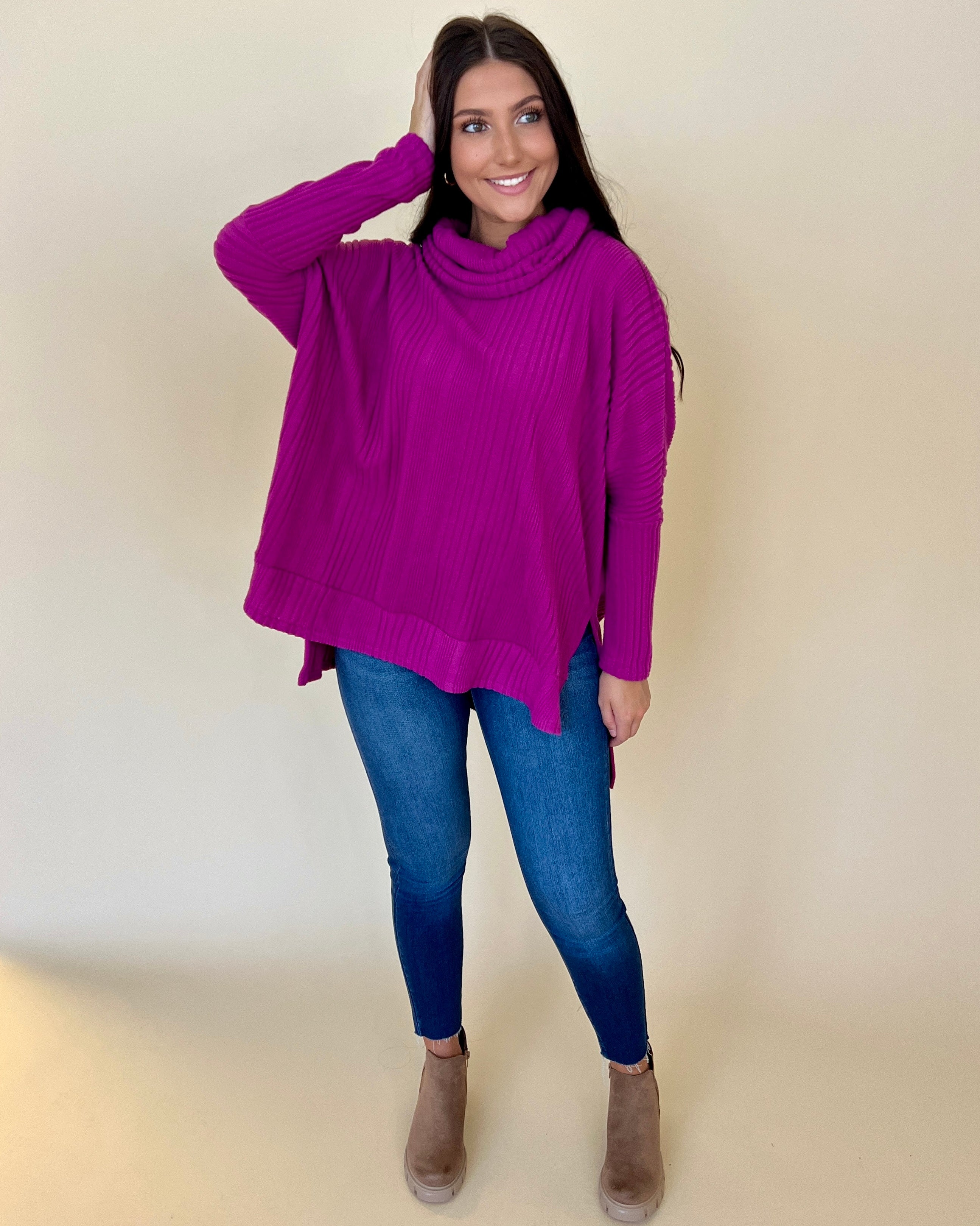 Thinking About You Magenta Ribbed Cowl Neck Knit Top-Shop-Womens-Boutique-Clothing
