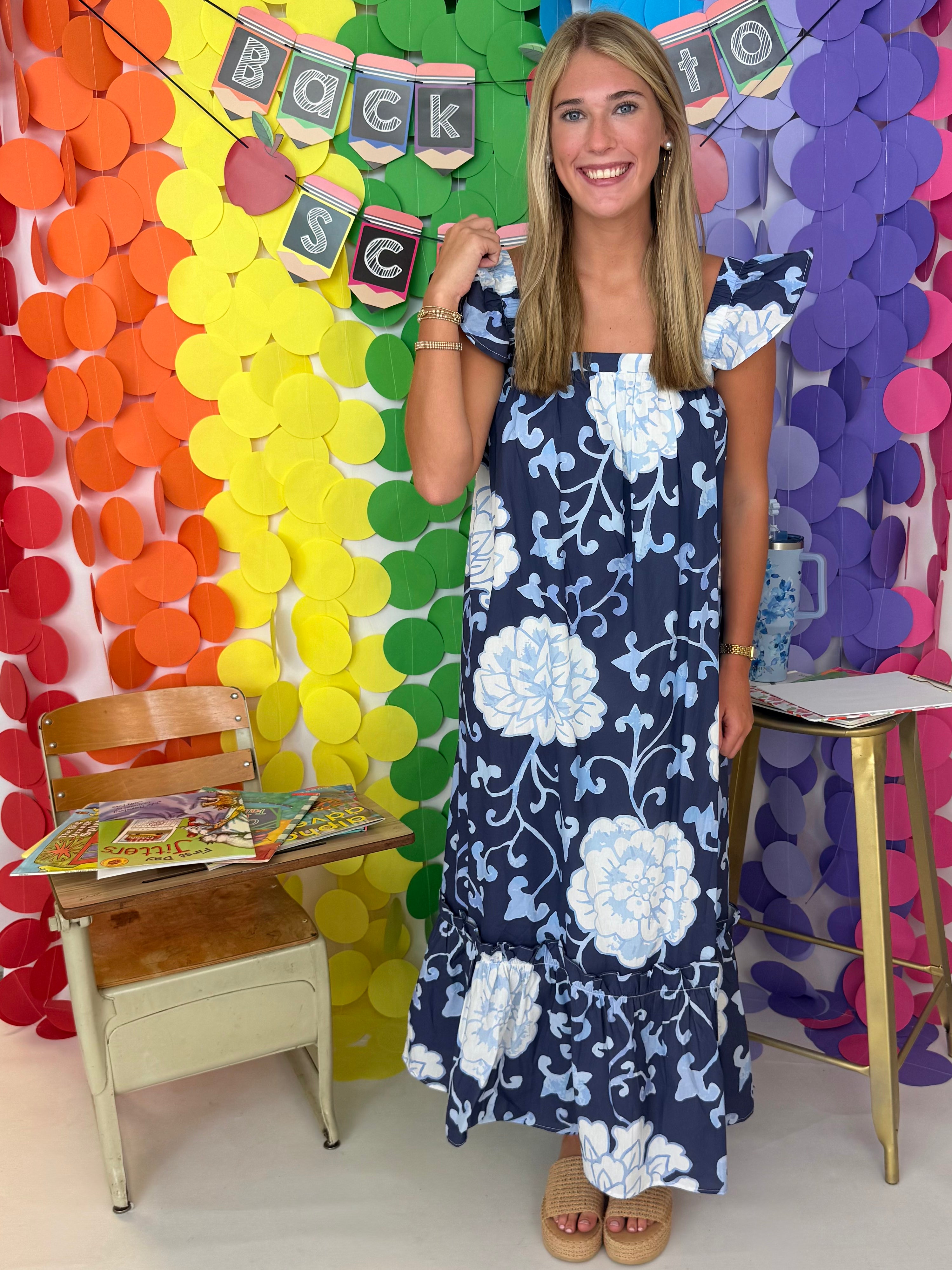 Softly Gathered Navy Floral Midi Dress-Shop-Womens-Boutique-Clothing