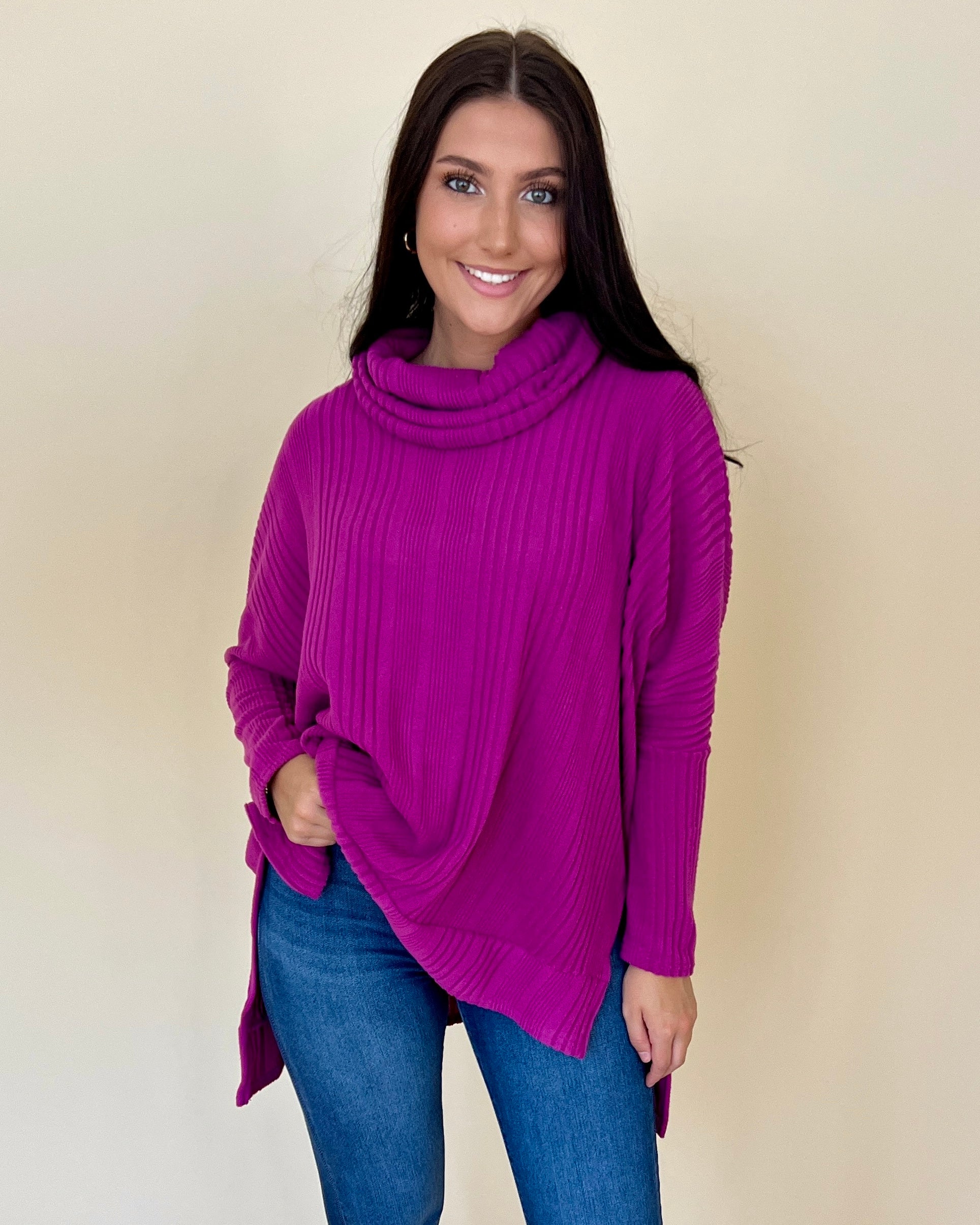 Thinking About You Magenta Ribbed Cowl Neck Knit Top-Shop-Womens-Boutique-Clothing