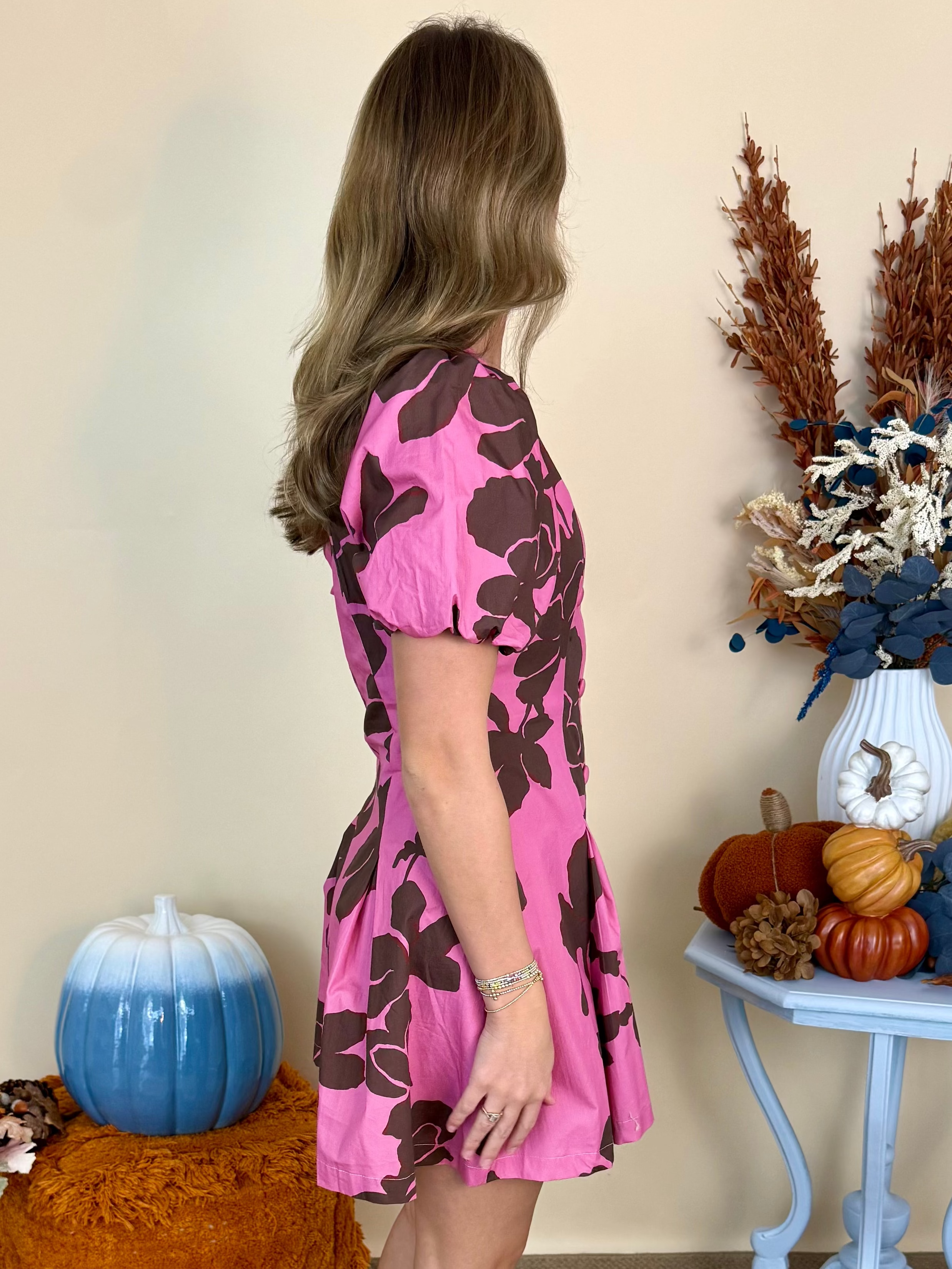 Perfect Petals Pink Brown Floral Pleated Dress-Shop-Womens-Boutique-Clothing
