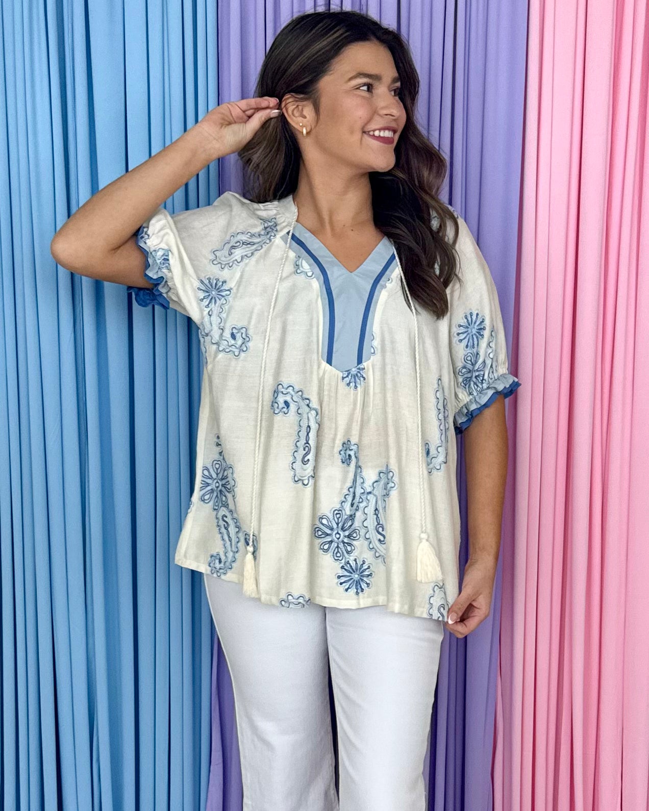 Forever Begins Lt Blue Paisley Embroidered Top-Shop-Womens-Boutique-Clothing