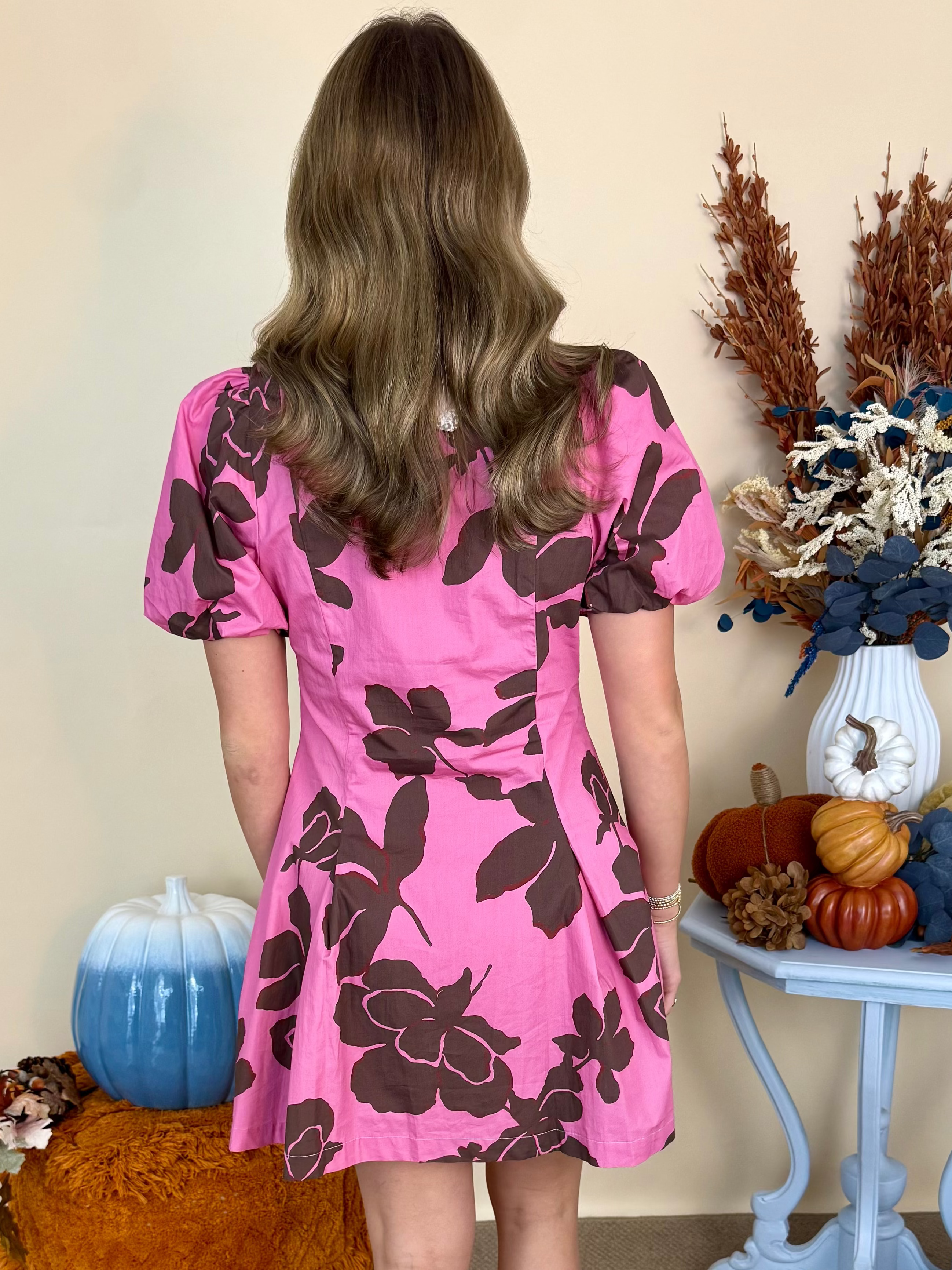 Perfect Petals Pink Brown Floral Pleated Dress-Shop-Womens-Boutique-Clothing