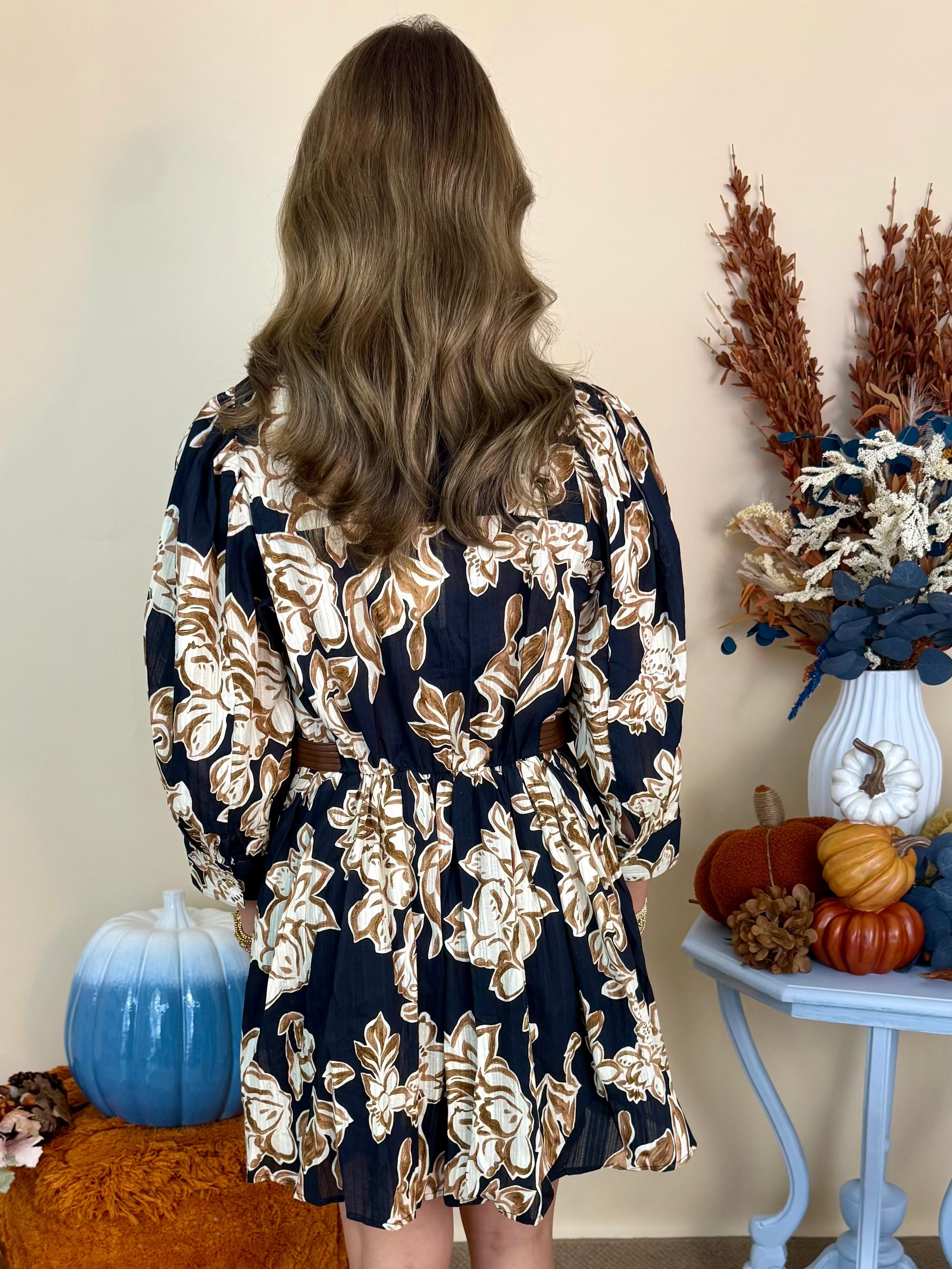 City Nights Black Floral 3/4 Sleeve V-Neck Dress-Shop-Womens-Boutique-Clothing