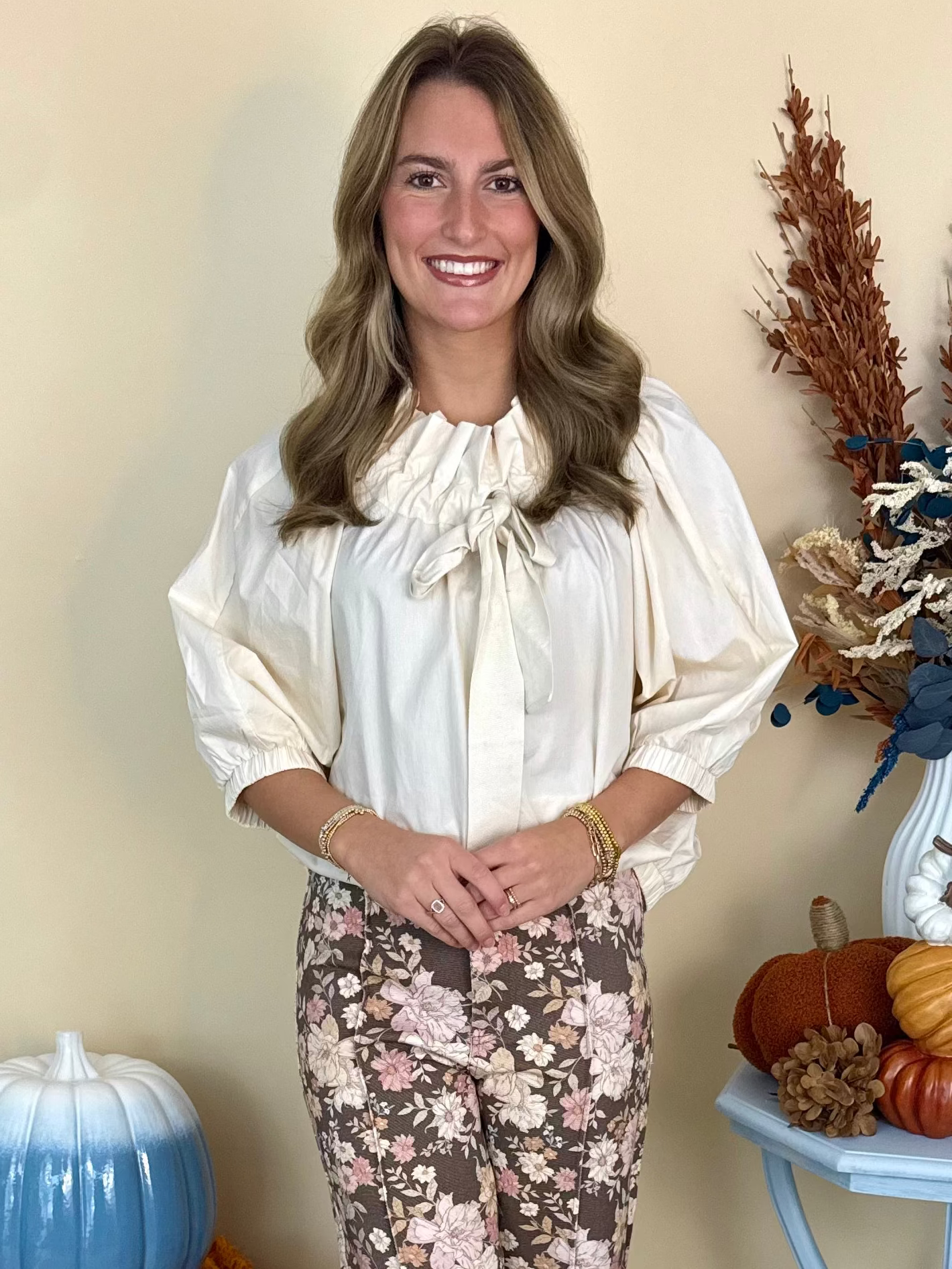 Her Best Era Cream Drawstring Ruffle Bow Neckline Top-Shop-Womens-Boutique-Clothing