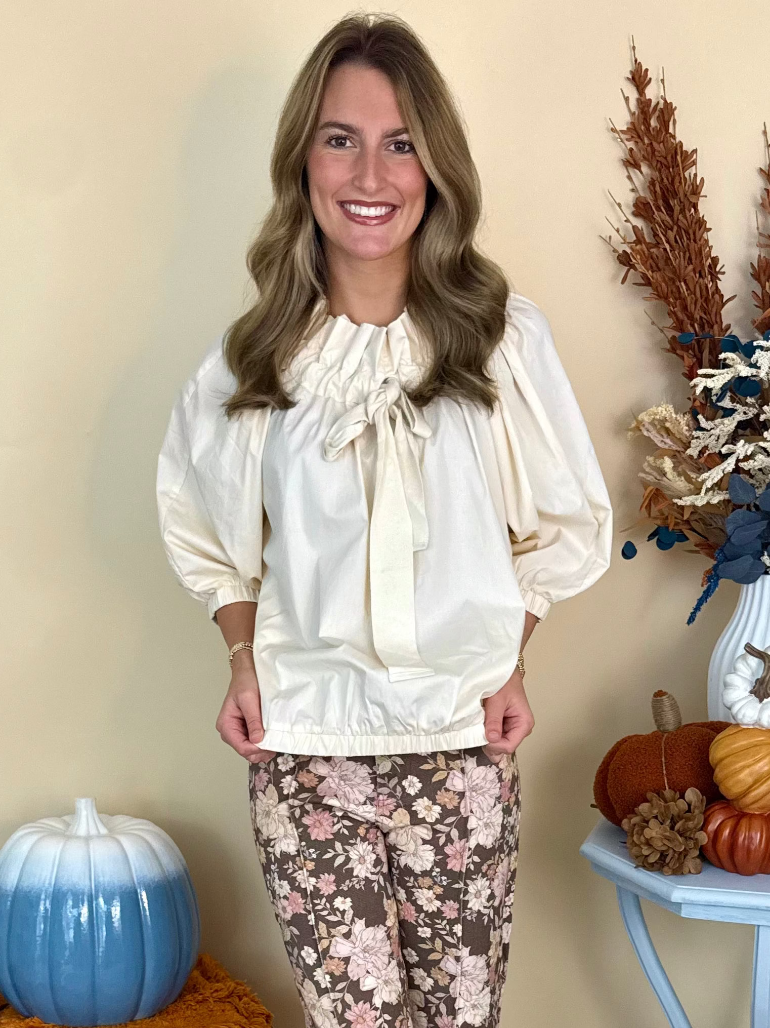 Her Best Era Cream Drawstring Ruffle Bow Neckline Top-Shop-Womens-Boutique-Clothing